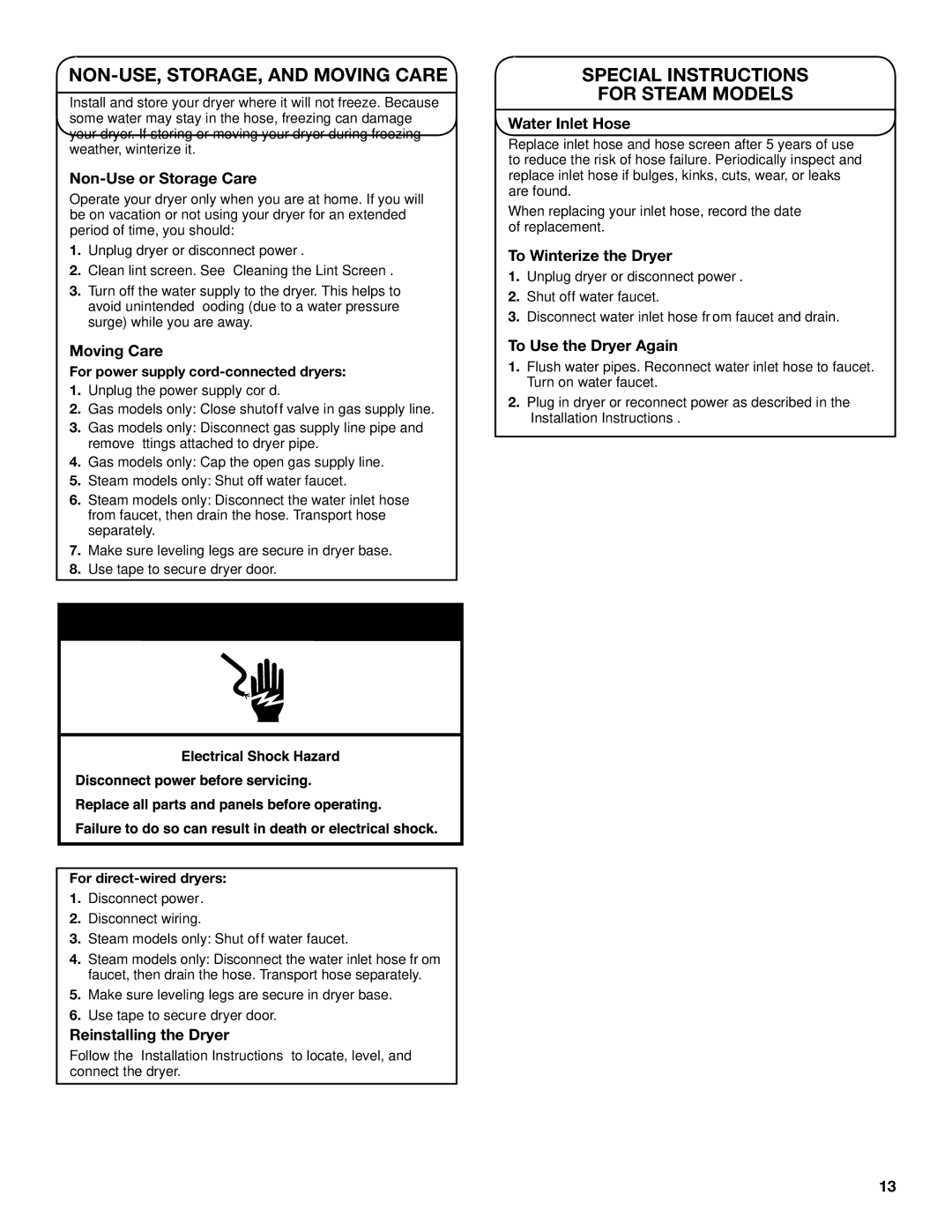 Maytag W10388780A, W10388781A-SP warranty NON-USE, STORAGE, and Moving Care, Special Instructions For Steam Models 