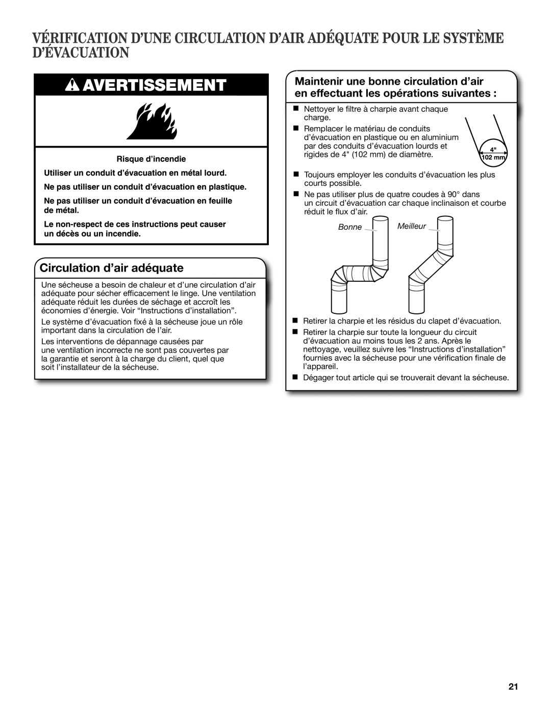 Maytag W10388780A, W10388781A-SP warranty Circulation d’air adéquate 