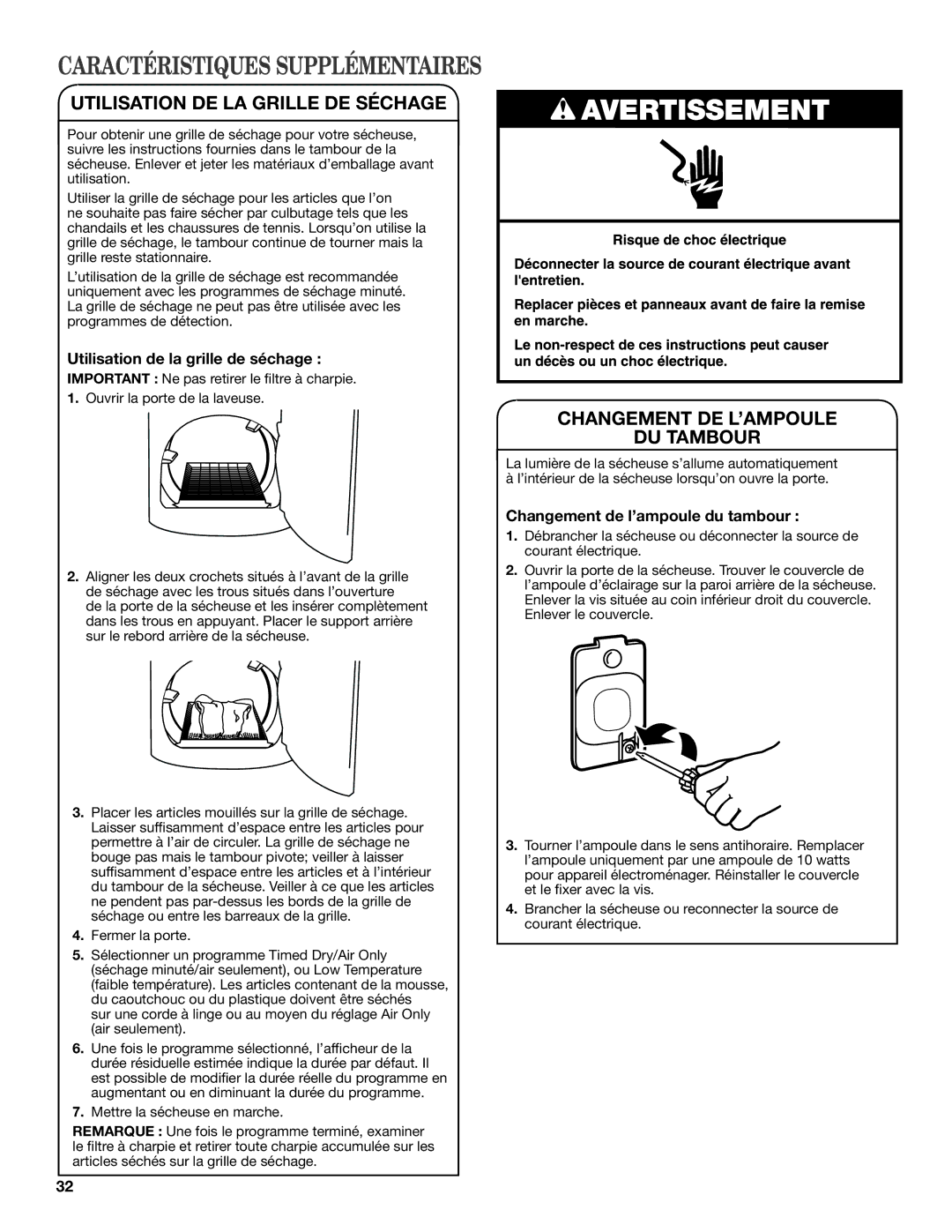 Maytag W10388781A-SP, W10388780A warranty Utilisation DE LA Grille DE Séchage, Changement DE L’AMPOULE DU Tambour 