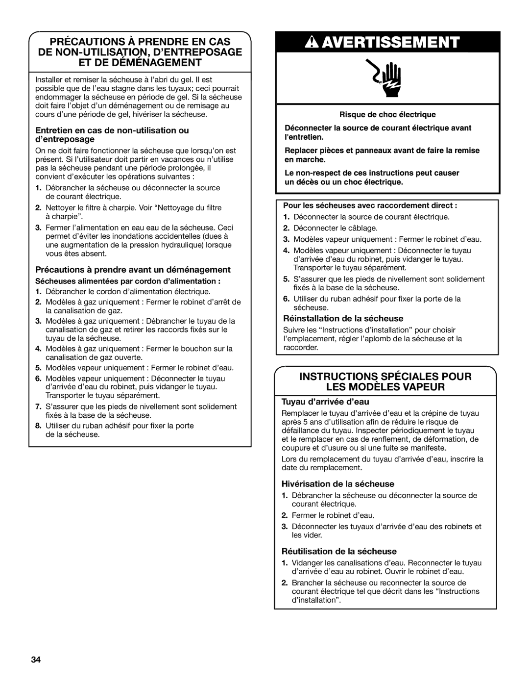 Maytag W10388781A-SP, W10388780A warranty Instructions Spéciales Pour LES Modèles Vapeur 