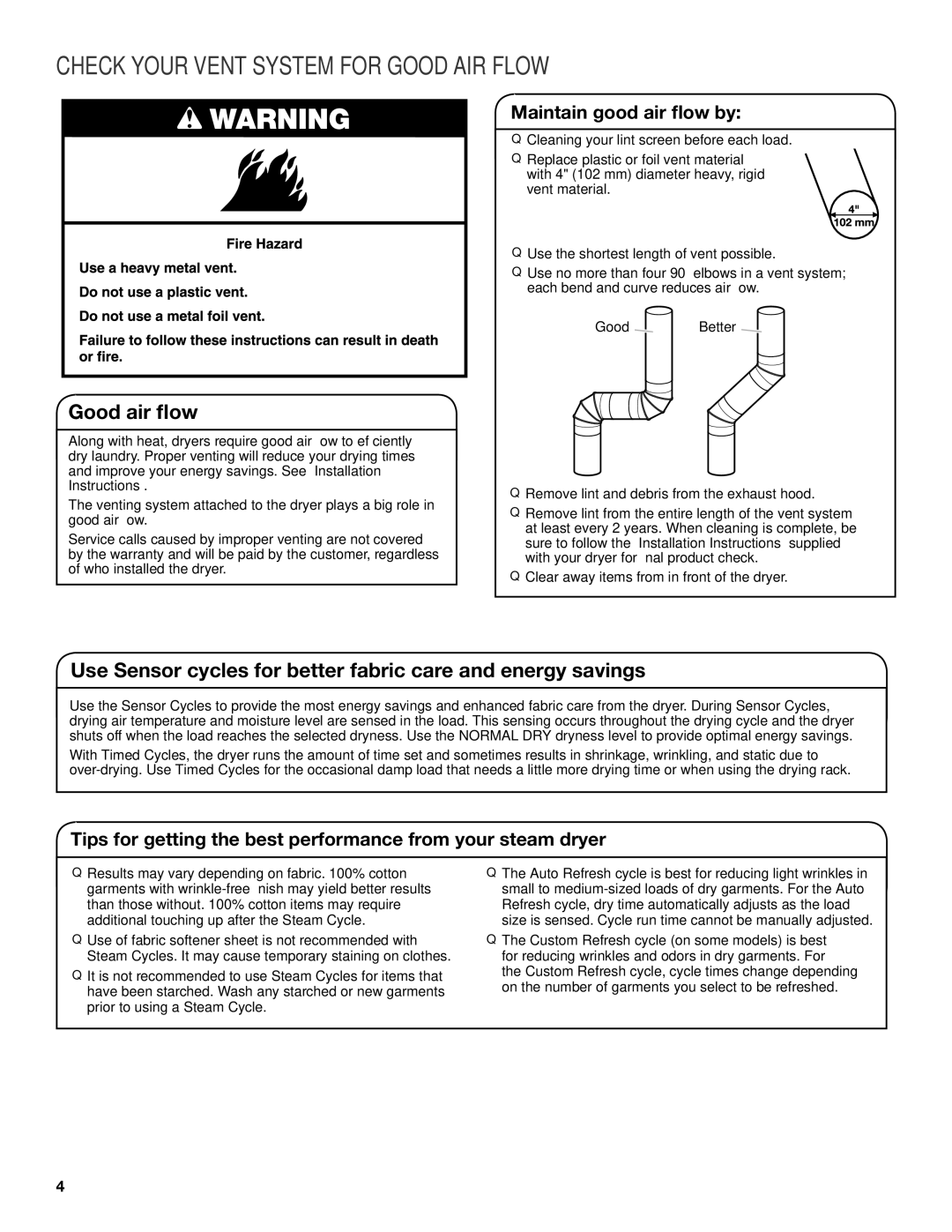 Maytag W10388781A-SP, W10388780A warranty Check Your Vent System for Good AIR Flow, Maintain good air flow by 