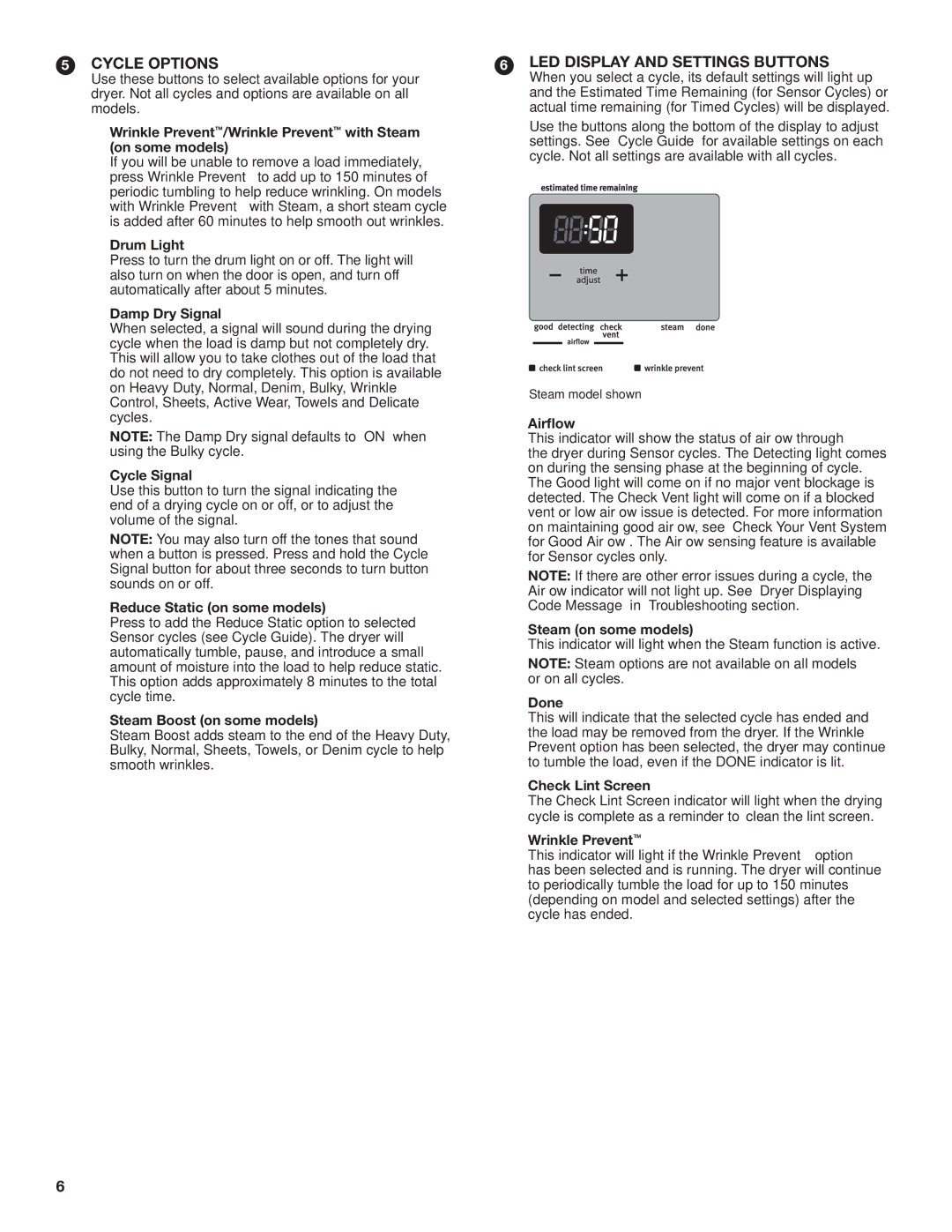 Maytag W10388781A-SP Wrinkle Prevent/Wrinkle Prevent with Steam, On some models, Drum Light, Damp Dry Signal, Airflow 