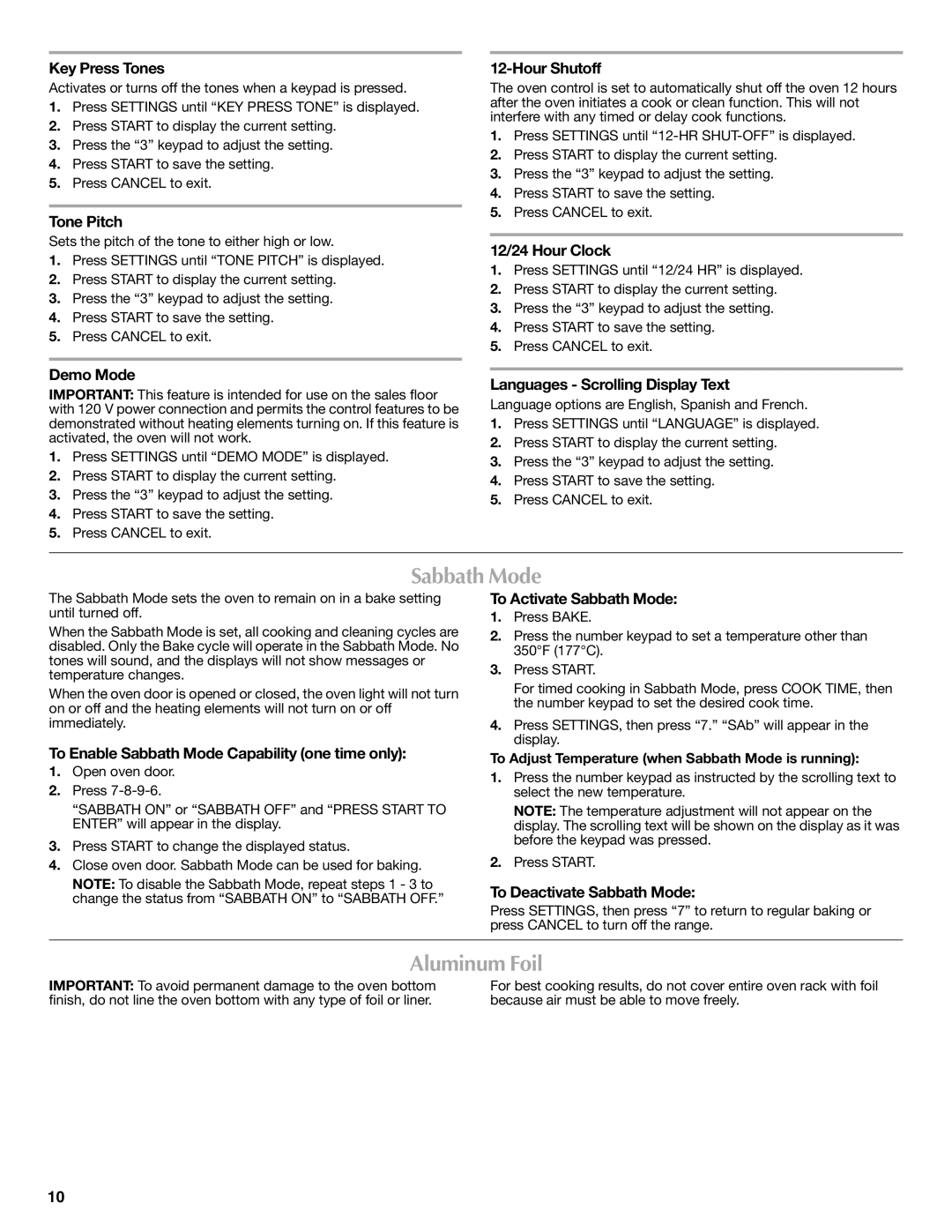 Maytag W10392923C warranty Sabbath Mode, Aluminum Foil 