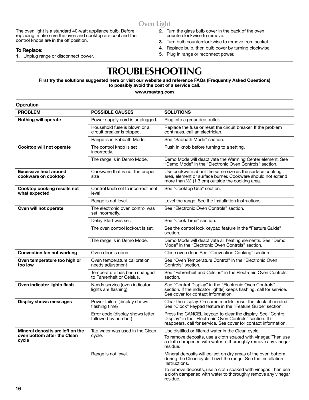 Maytag W10392923C warranty Troubleshooting, Oven Light, To Replace, Operation, Problem Possible Causes Solutions 