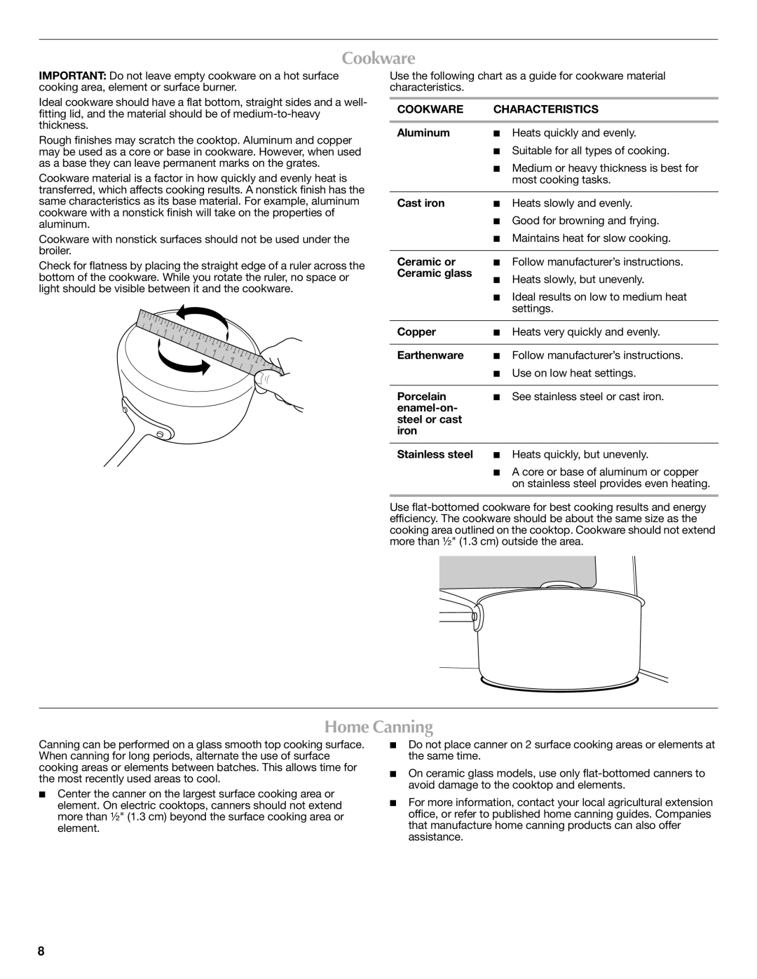 Maytag W10392923C warranty Home Canning, Cookware Characteristics 