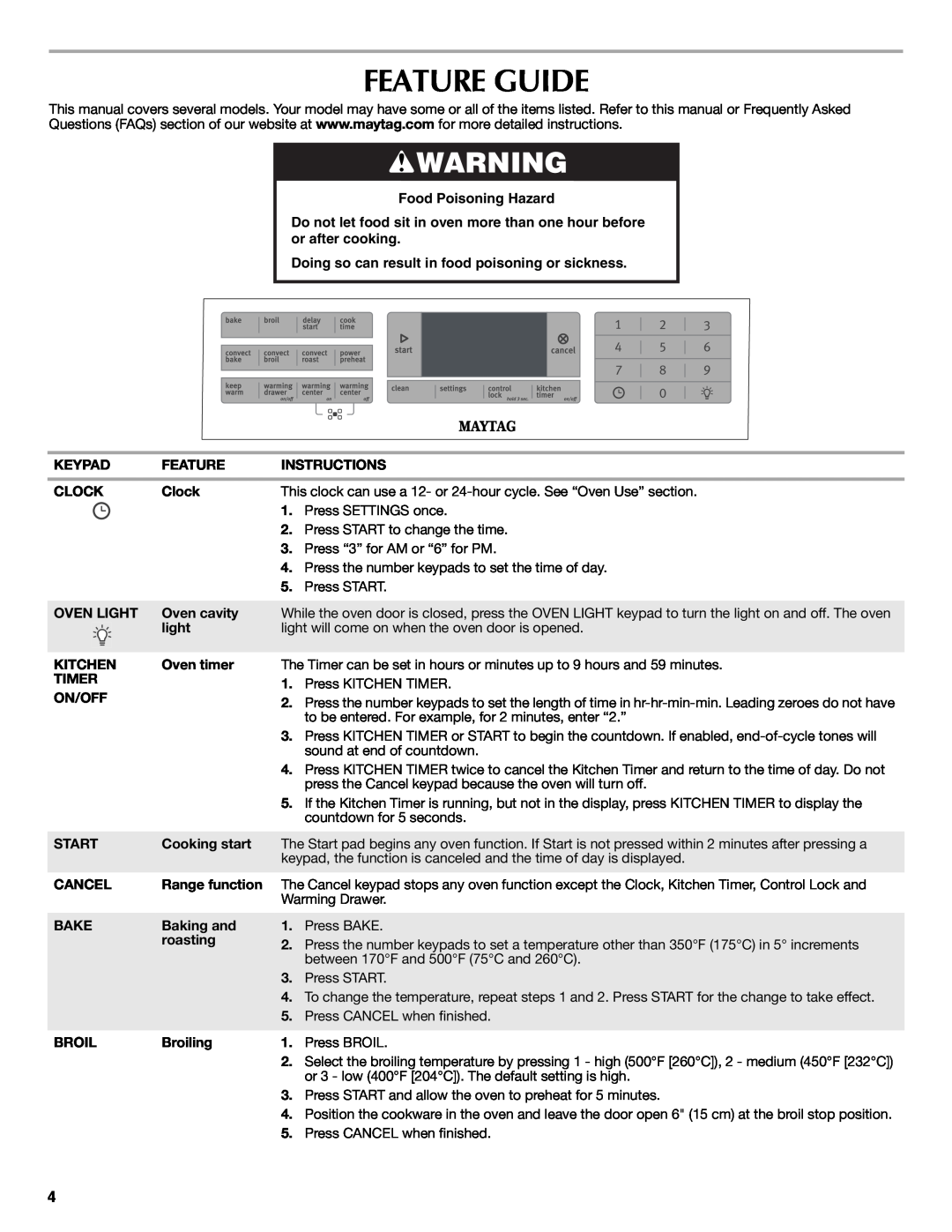 Maytag W10392923C warranty Feature Guide, Food Poisoning Hazard, Doing so can result in food poisoning or sickness 