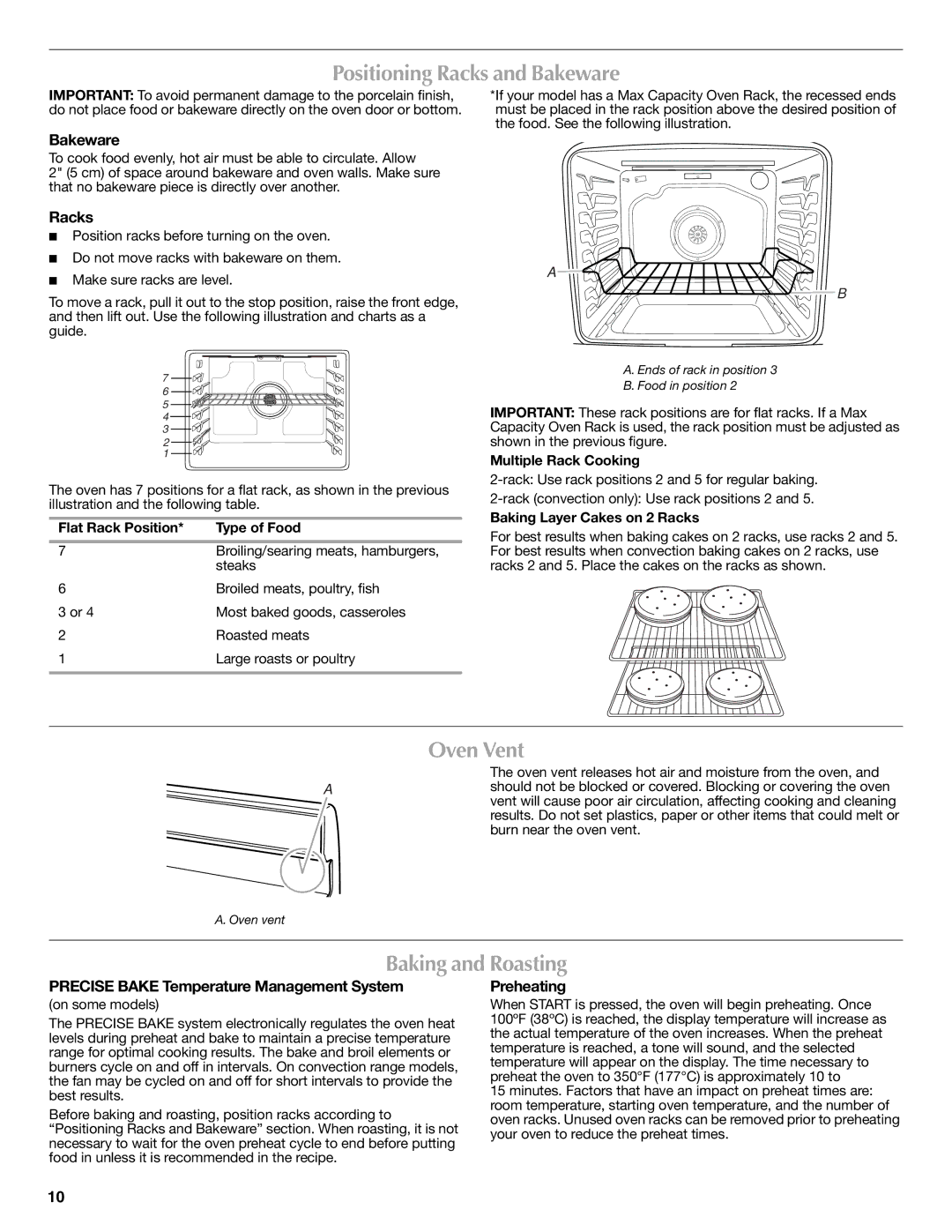 Maytag W10399029B warranty Positioning Racks and Bakeware, Oven Vent, Baking and Roasting 