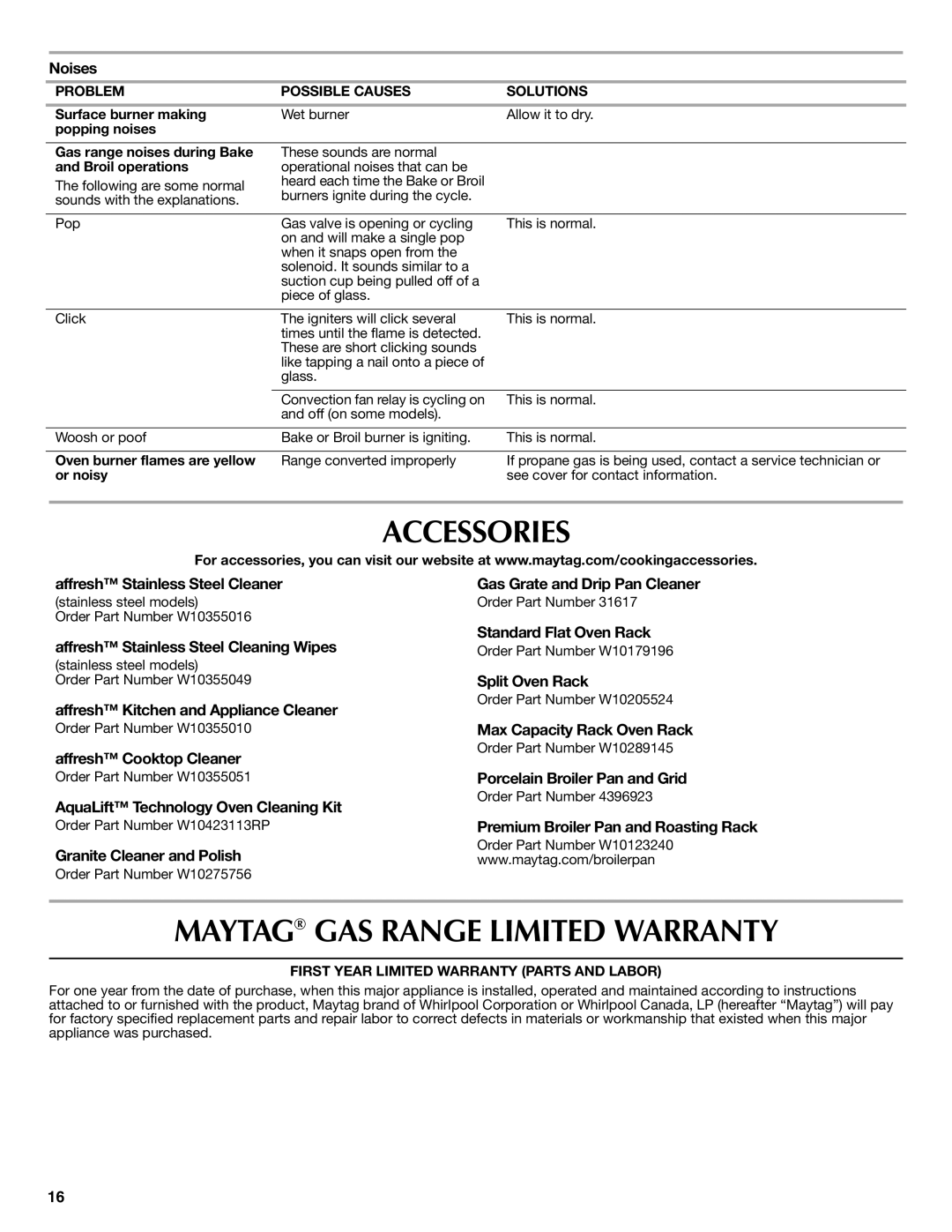 Maytag W10399029B warranty Accessories, Maytag GAS Range Limited Warranty 