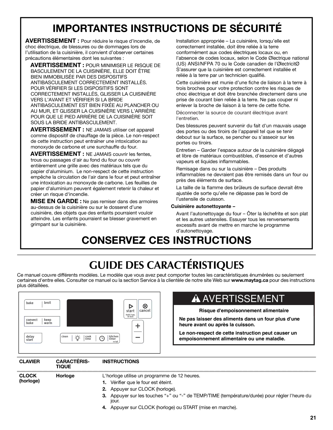 Maytag W10399029B Guide DES Caractéristiques, Cuisinière autonettoyante, Clavier Caractéris Instructions Tique Clock 