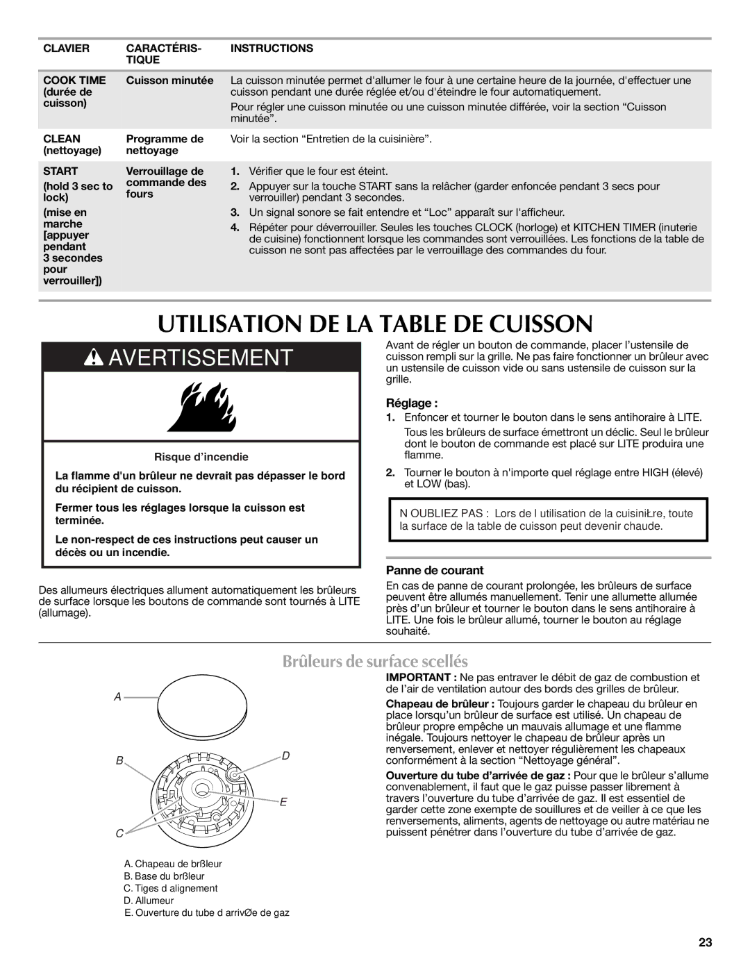 Maytag W10399029B warranty Utilisation DE LA Table DE Cuisson, Brûleurs de surface scellés, Réglage, Panne de courant 