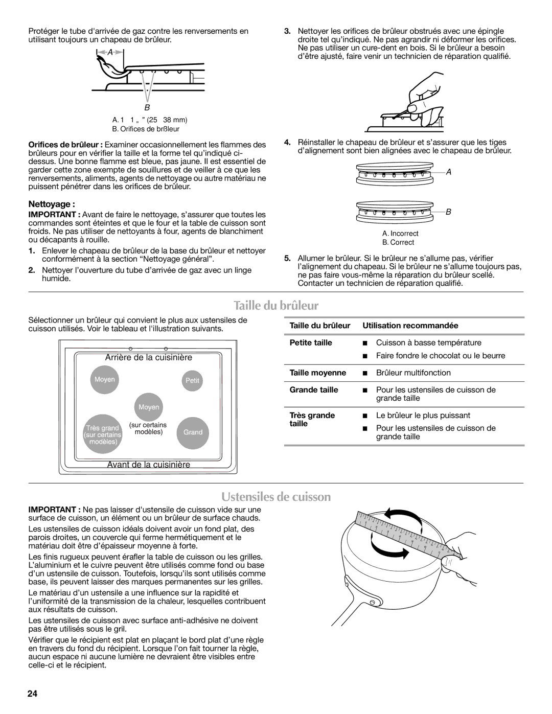 Maytag W10399029B warranty Taille du brûleur, Ustensiles de cuisson, Nettoyage 