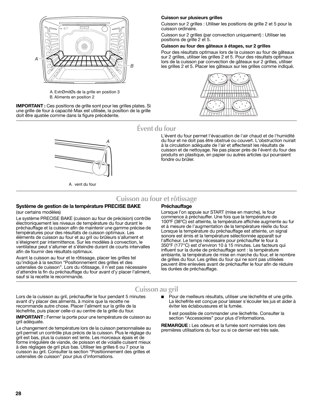 Maytag W10399029B warranty Évent du four, Cuisson au four et rôtissage, Cuisson au gril, Préchauffage 