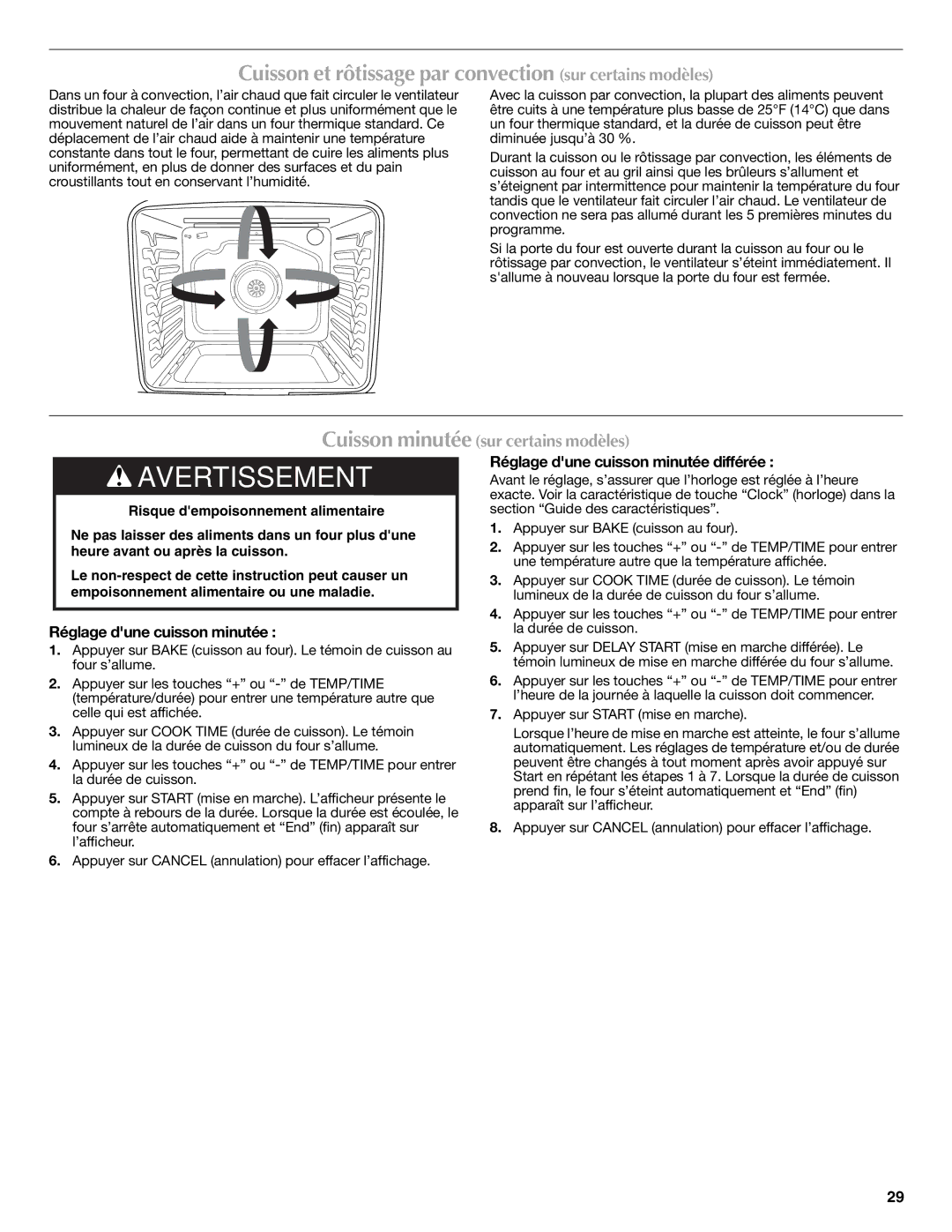 Maytag W10399029B warranty Cuisson et rôtissage par convection sur certains modèles, Réglage dune cuisson minutée 