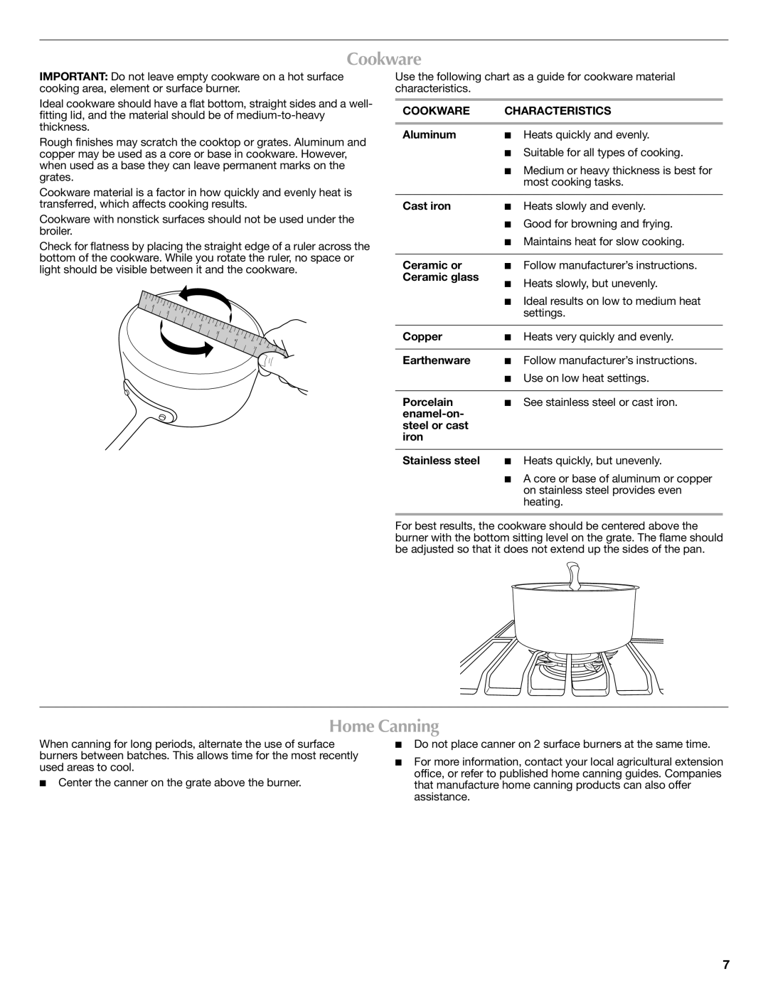 Maytag W10399029B warranty Home Canning, Cookware Characteristics 