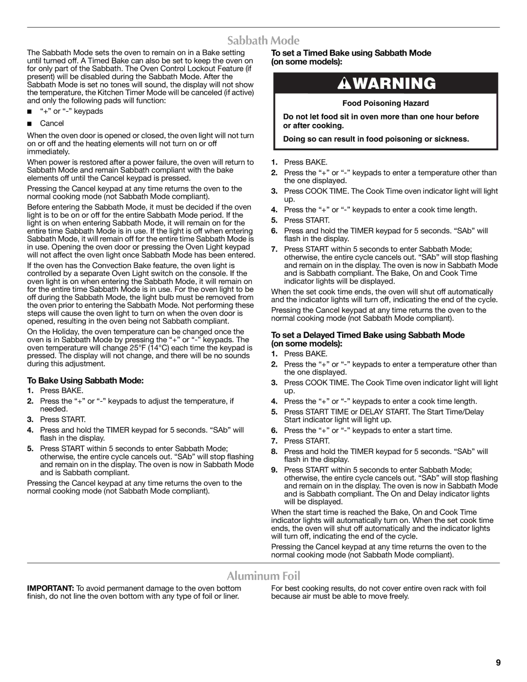 Maytag W10399029B Aluminum Foil, To set a Timed Bake using Sabbath Mode on some models, To Bake Using Sabbath Mode 