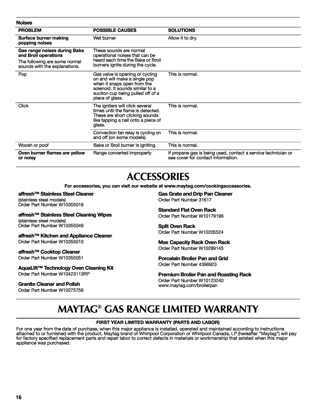 Maytag W10399029B warranty Accessories, Maytag Gas Range Limited Warranty 