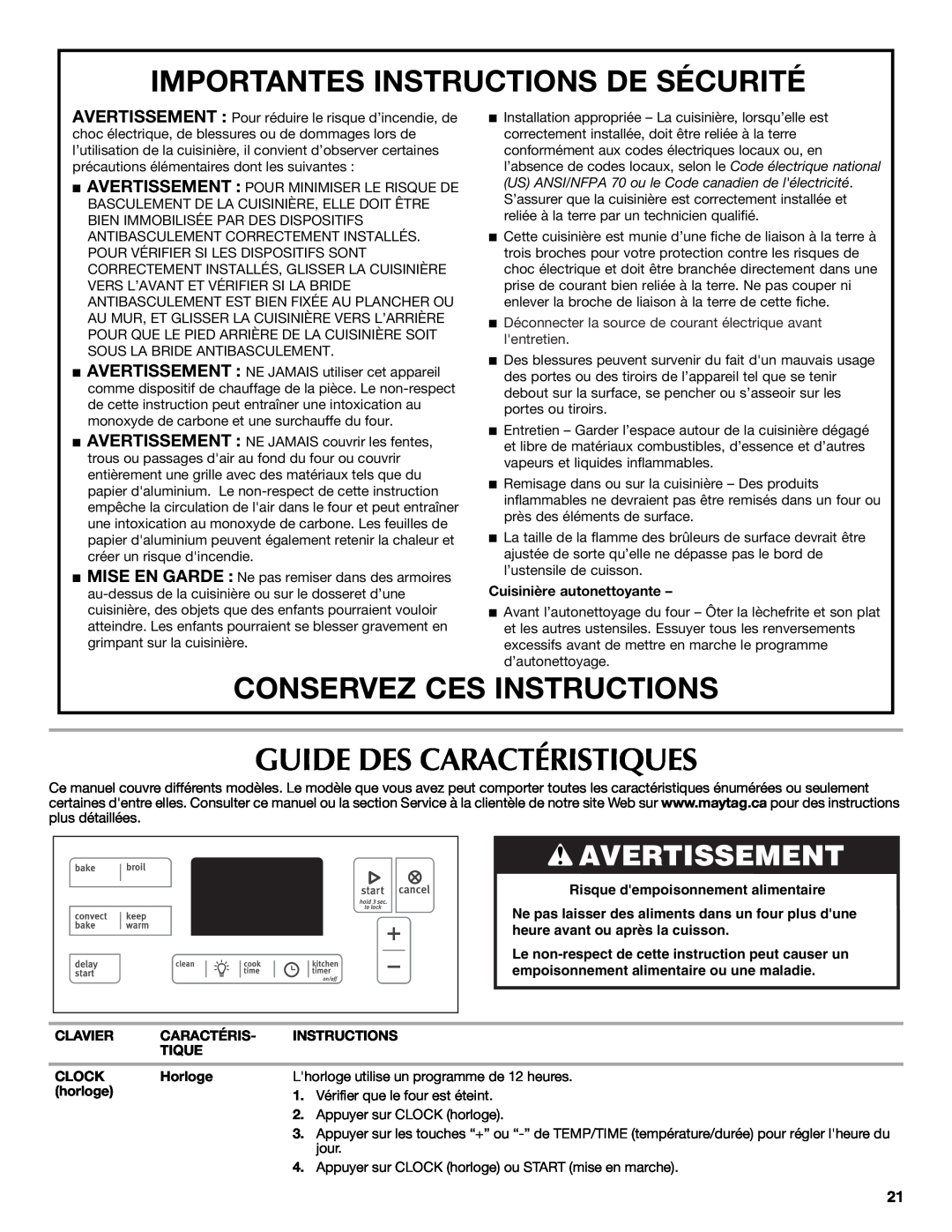 Maytag W10399029B warranty Guide Des Caractéristiques, Importantes Instructions De Sécurité, Conservez Ces Instructions 