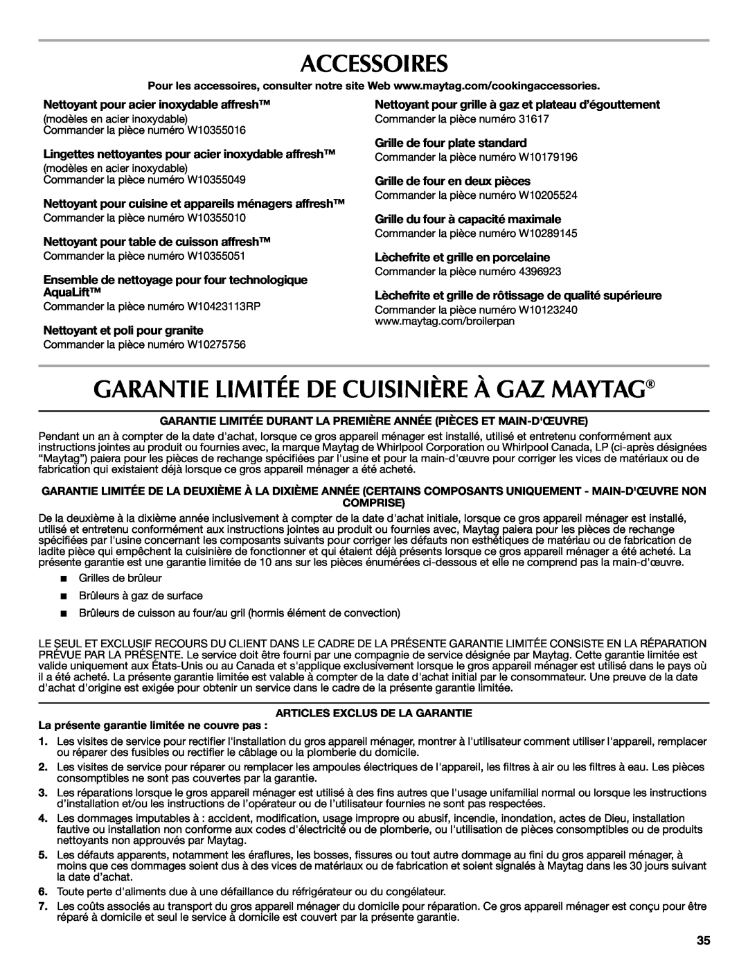 Maytag W10399029B warranty Accessoires, Garantie Limitée De Cuisinière À Gaz Maytag 