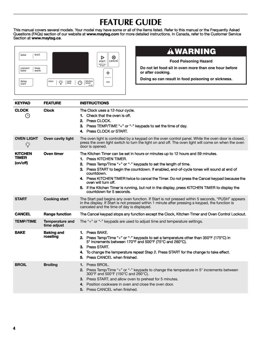 Maytag W10399029B warranty Feature Guide, Food Poisoning Hazard, Doing so can result in food poisoning or sickness 