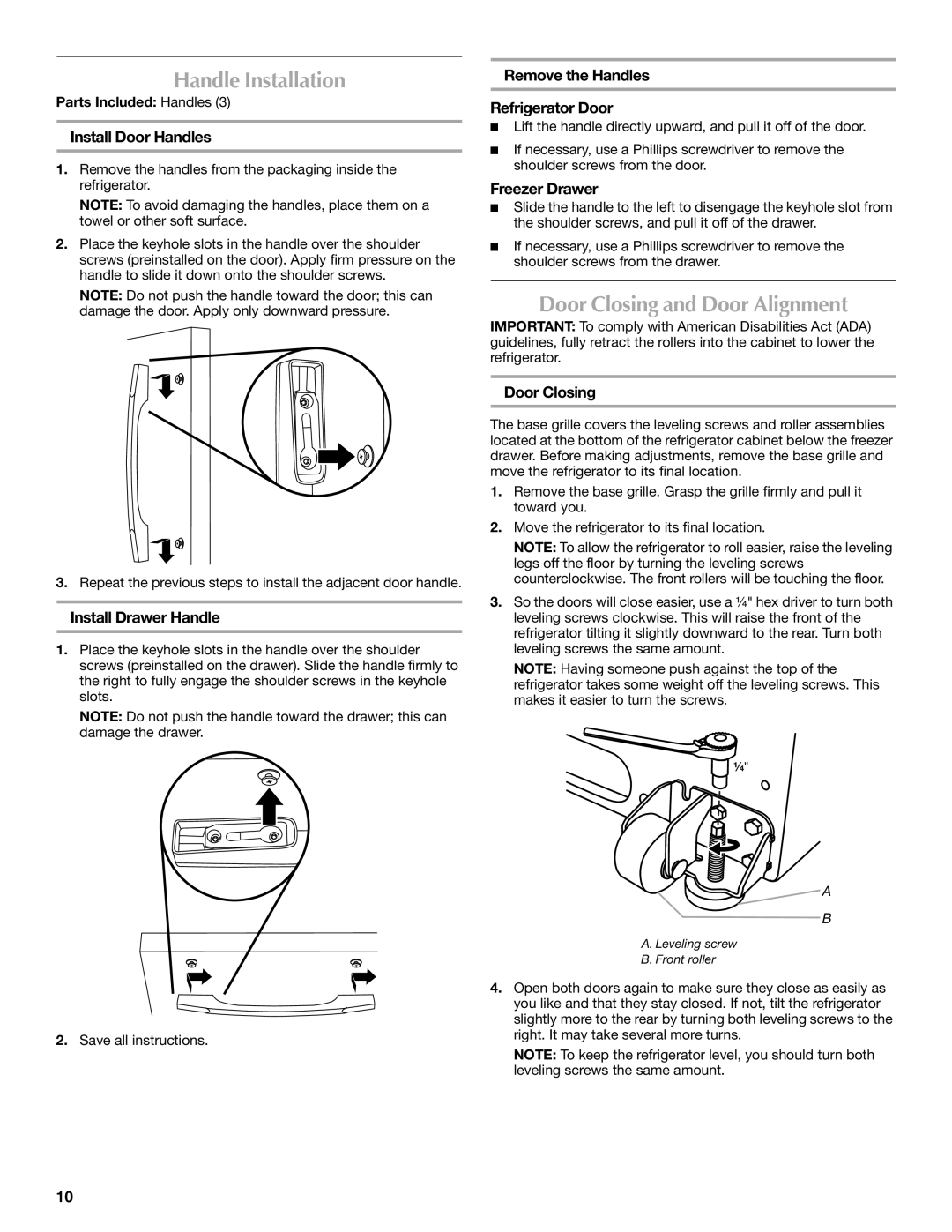 Maytag W10400978A installation instructions Handle Installation, Door Closing and Door Alignment 