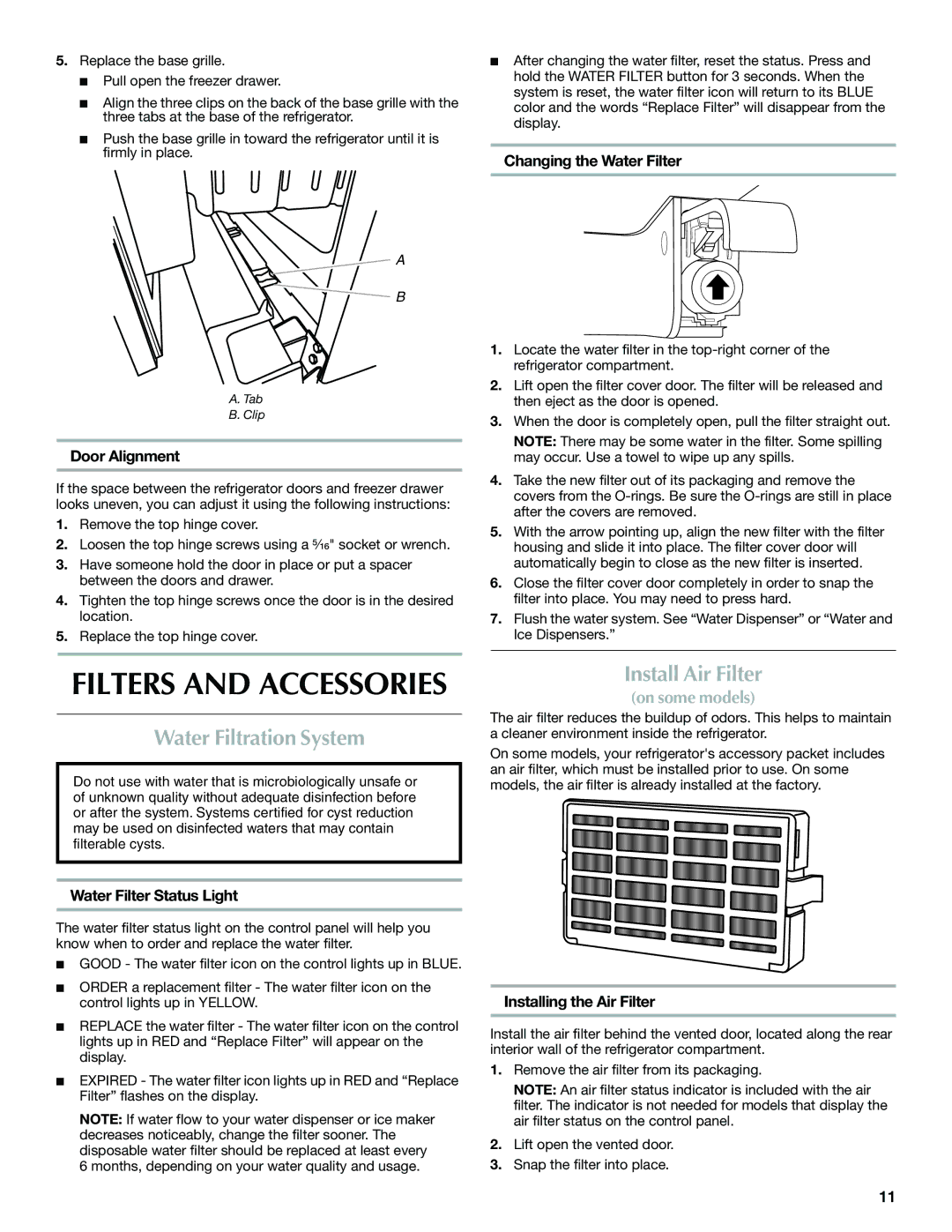 Maytag W10400978A installation instructions Water Filtration System, Install Air Filter 