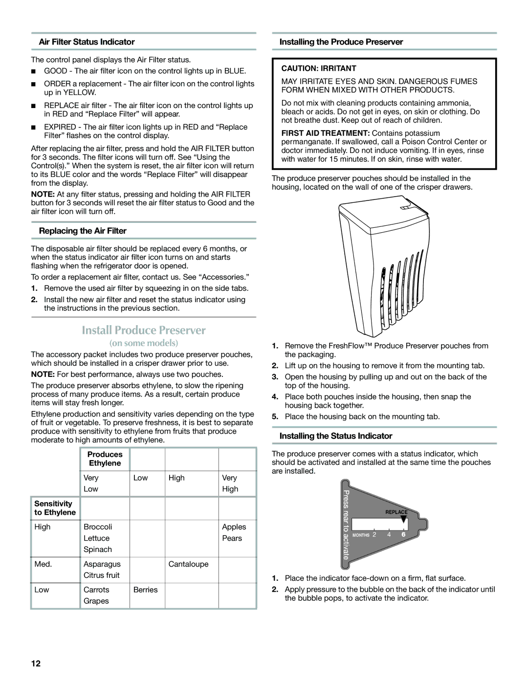 Maytag W10400978A Install Produce Preserver, Air Filter Status Indicator, Replacing the Air Filter 