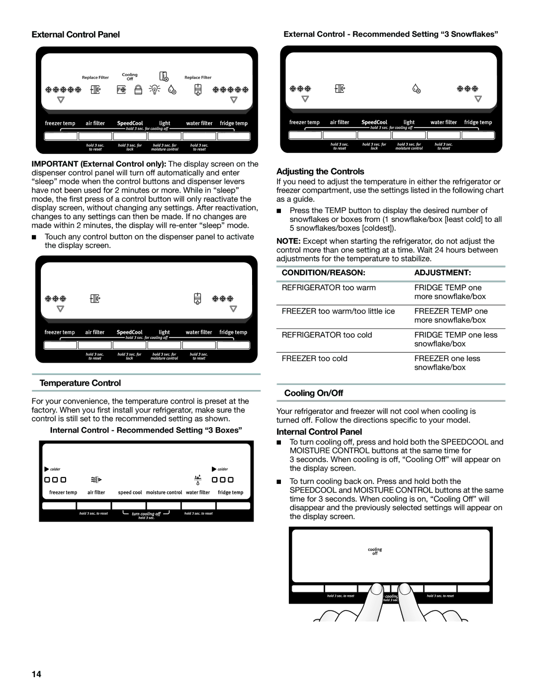 Maytag W10400978A External Control Panel, Temperature Control, Adjusting the Controls, Cooling On/Off 