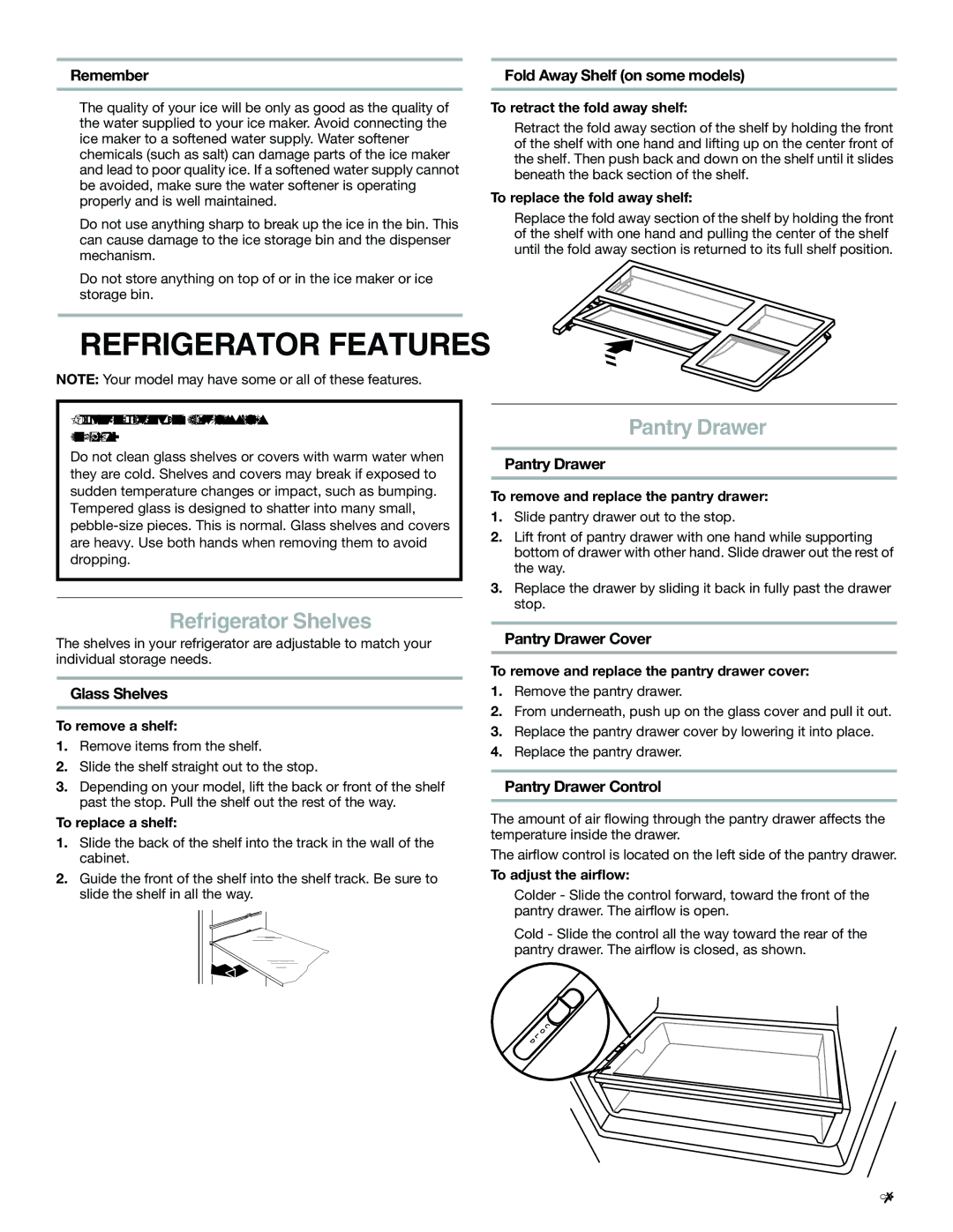 Maytag W10400978A installation instructions Refrigerator Shelves, Pantry Drawer 