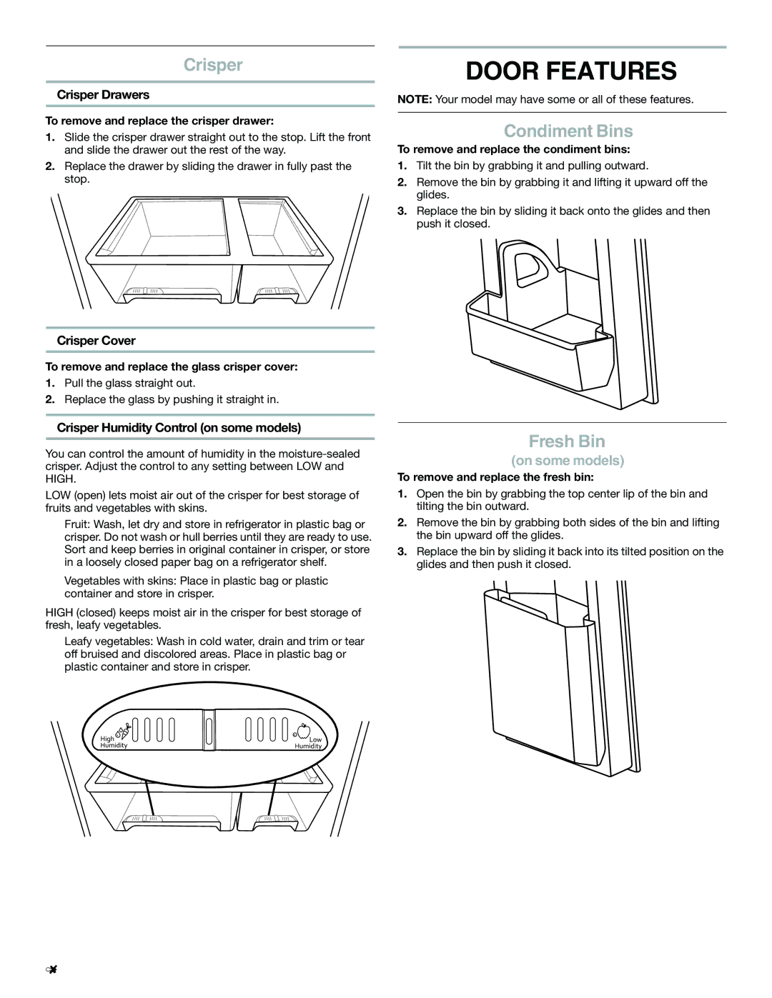 Maytag W10400978A installation instructions Door Features, Crisper, Condiment Bins, Fresh Bin 