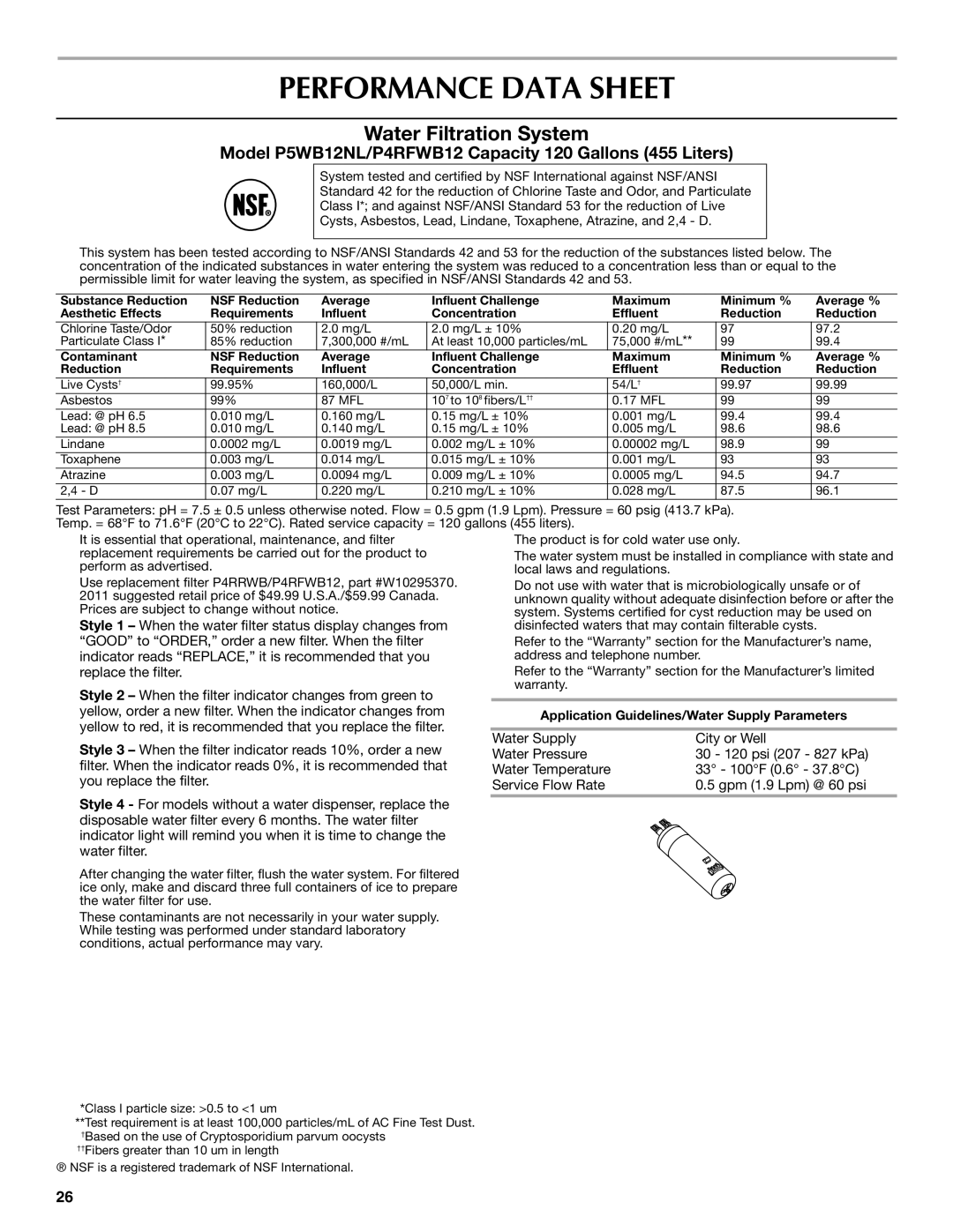 Maytag W10400978A installation instructions Performance Data Sheet, Water Filtration System 