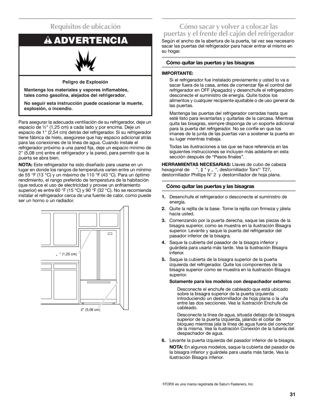 Maytag W10400978A Requisitos de ubicación, Cómo sacar y volver a colocar las, Cómo quitar las puertas y las bisagras 