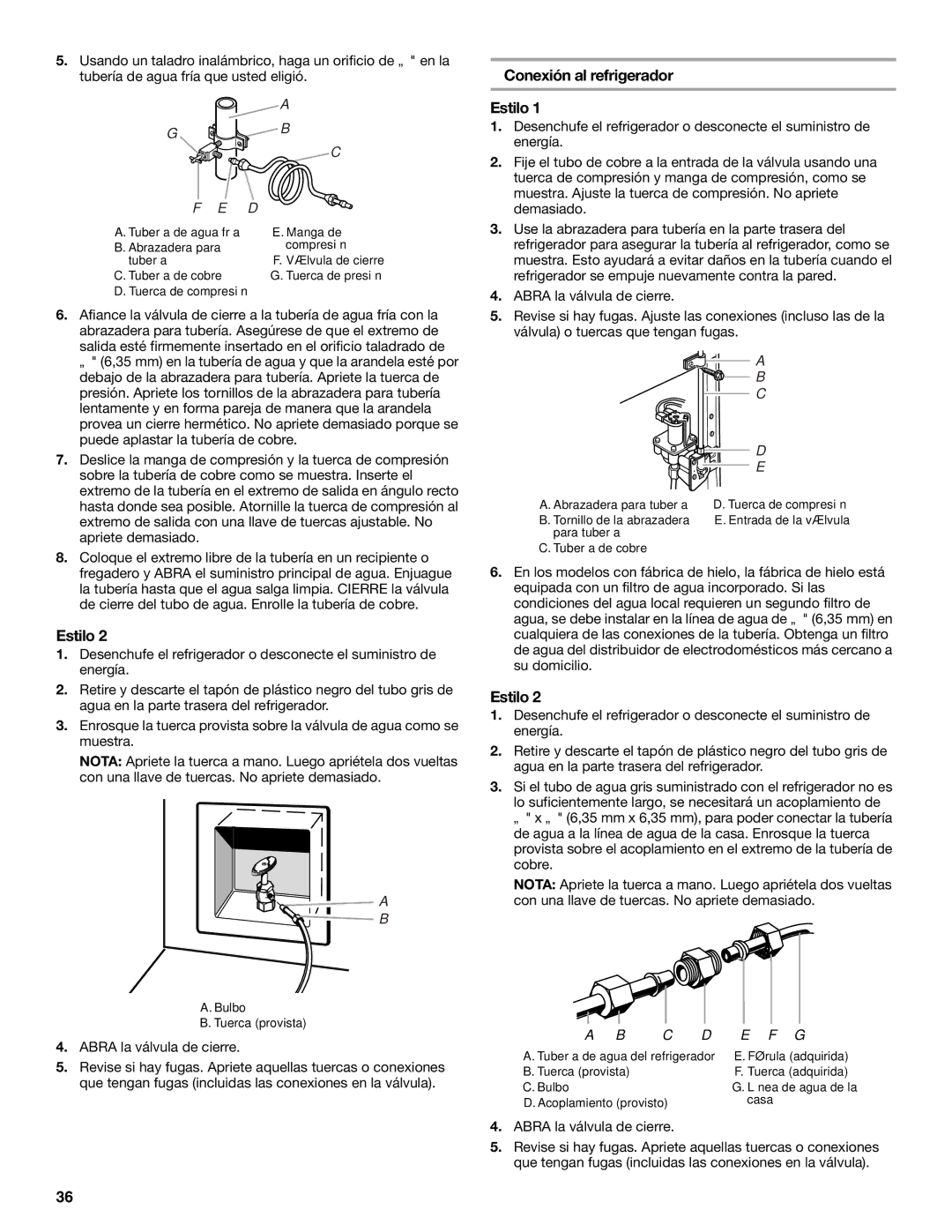 Maytag W10400978A installation instructions Conexión al refrigerador Estilo, Abra la válvula de cierre 