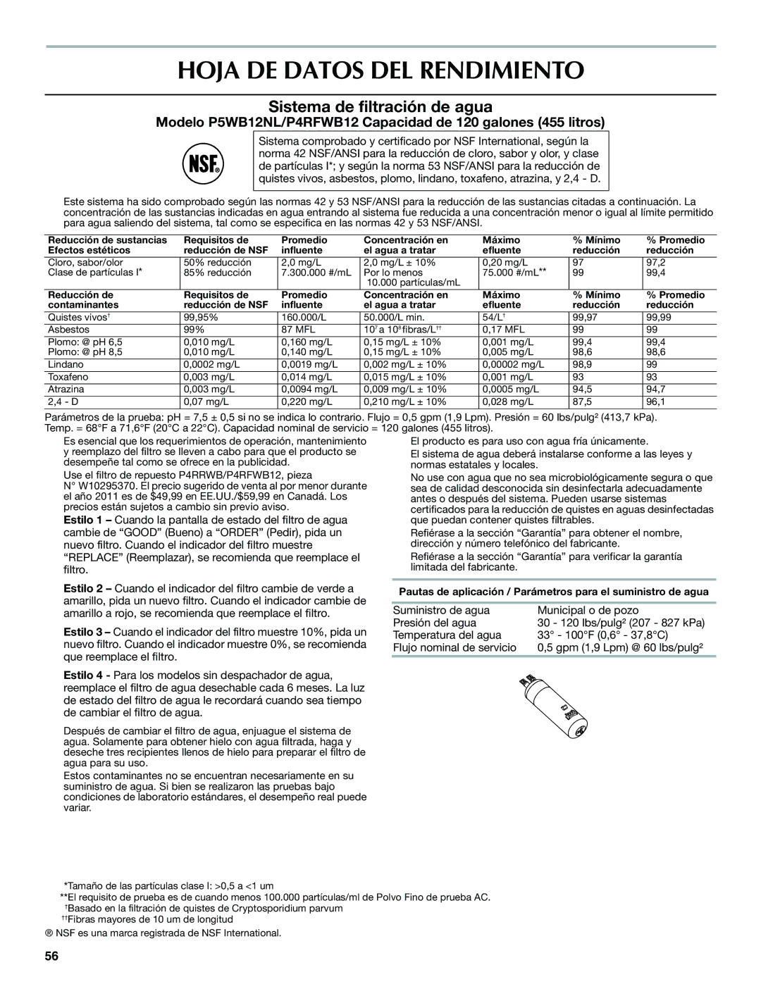 Maytag W10400978A installation instructions Hoja DE Datos DEL Rendimiento, Sistema de filtración de agua 