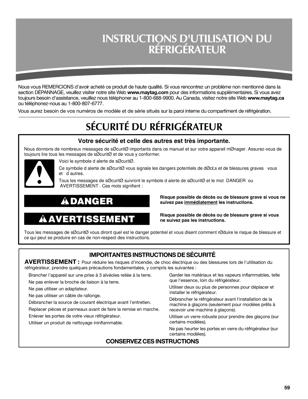 Maytag W10400978A installation instructions Instructions Dutilisation DU Réfrigérateur, Sécurité DU Réfrigérateur 