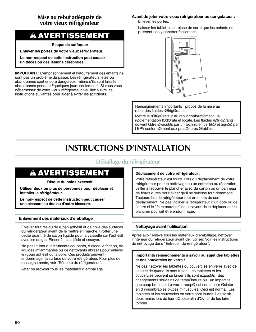 Maytag W10400978A Instructions D’INSTALLATION, Déballage du réfrigérateur, Enlèvement des matériaux d’emballage 