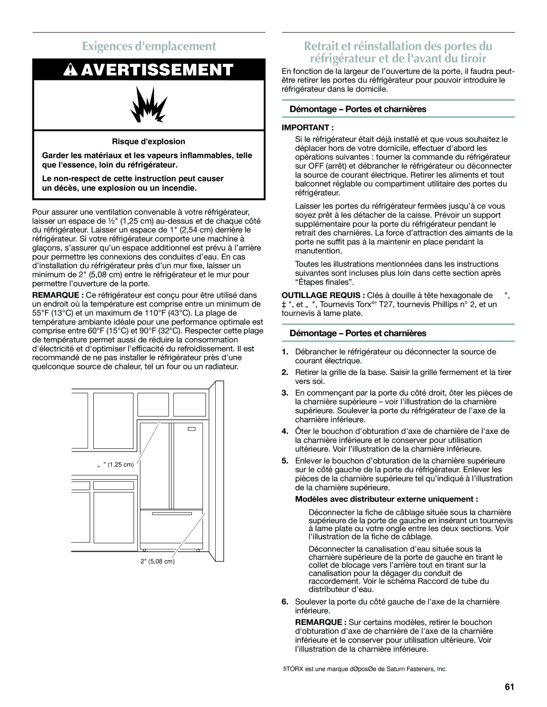 Maytag W10400978A Exigences demplacement, Démontage Portes et charnières, Modèles avec distributeur externe uniquement 