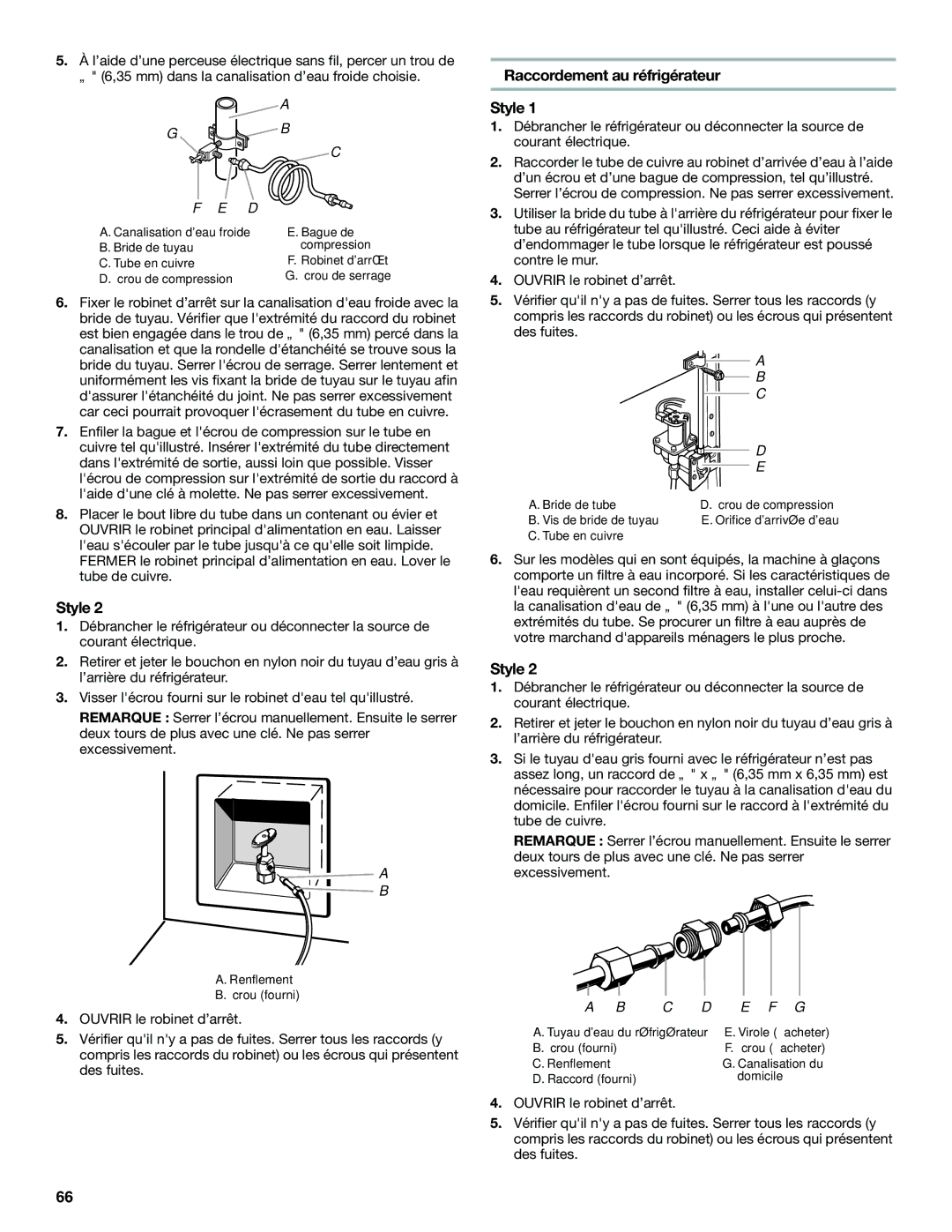 Maytag W10400978A installation instructions Raccordement au réfrigérateur Style, Écrou de compression 