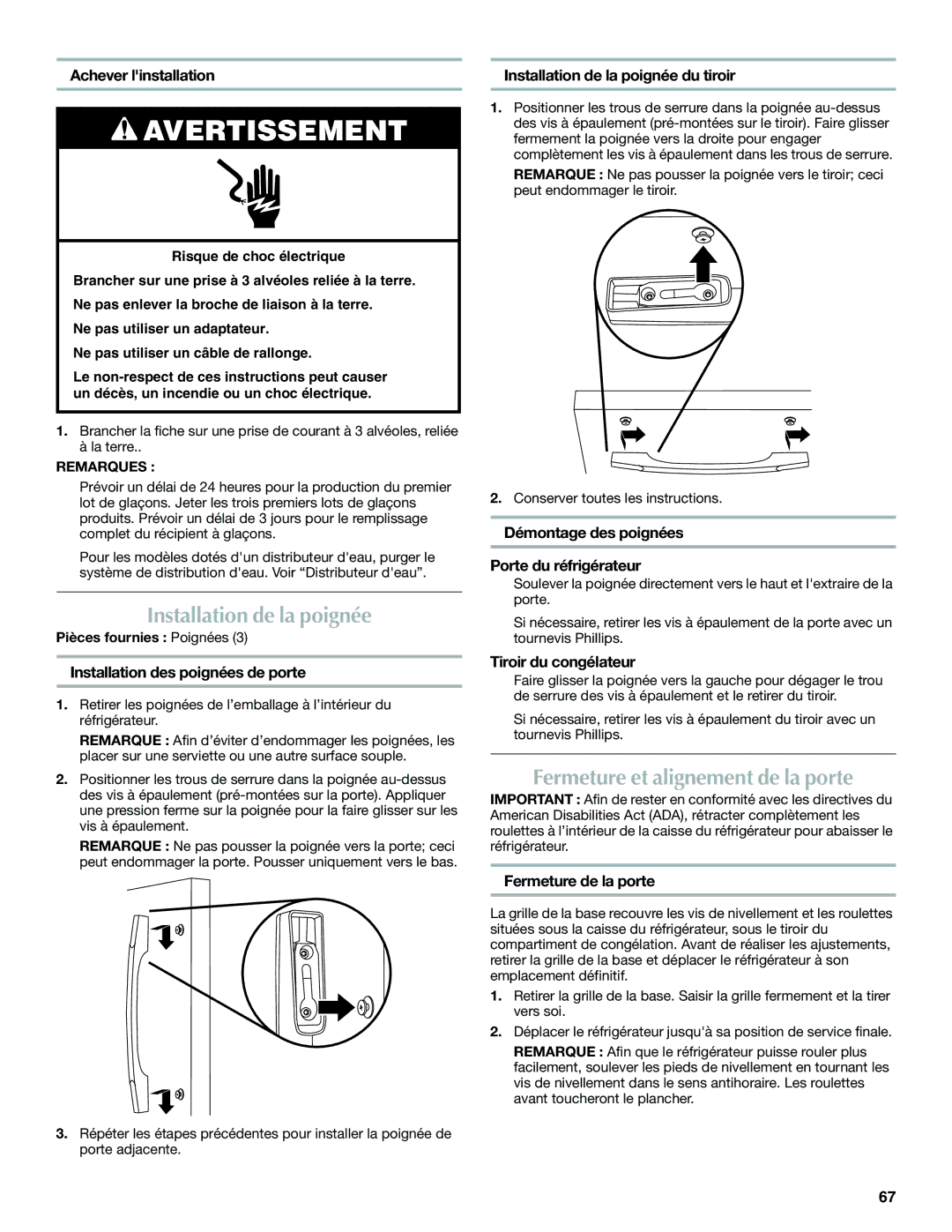 Maytag W10400978A installation instructions Installation de la poignée, Fermeture et alignement de la porte 