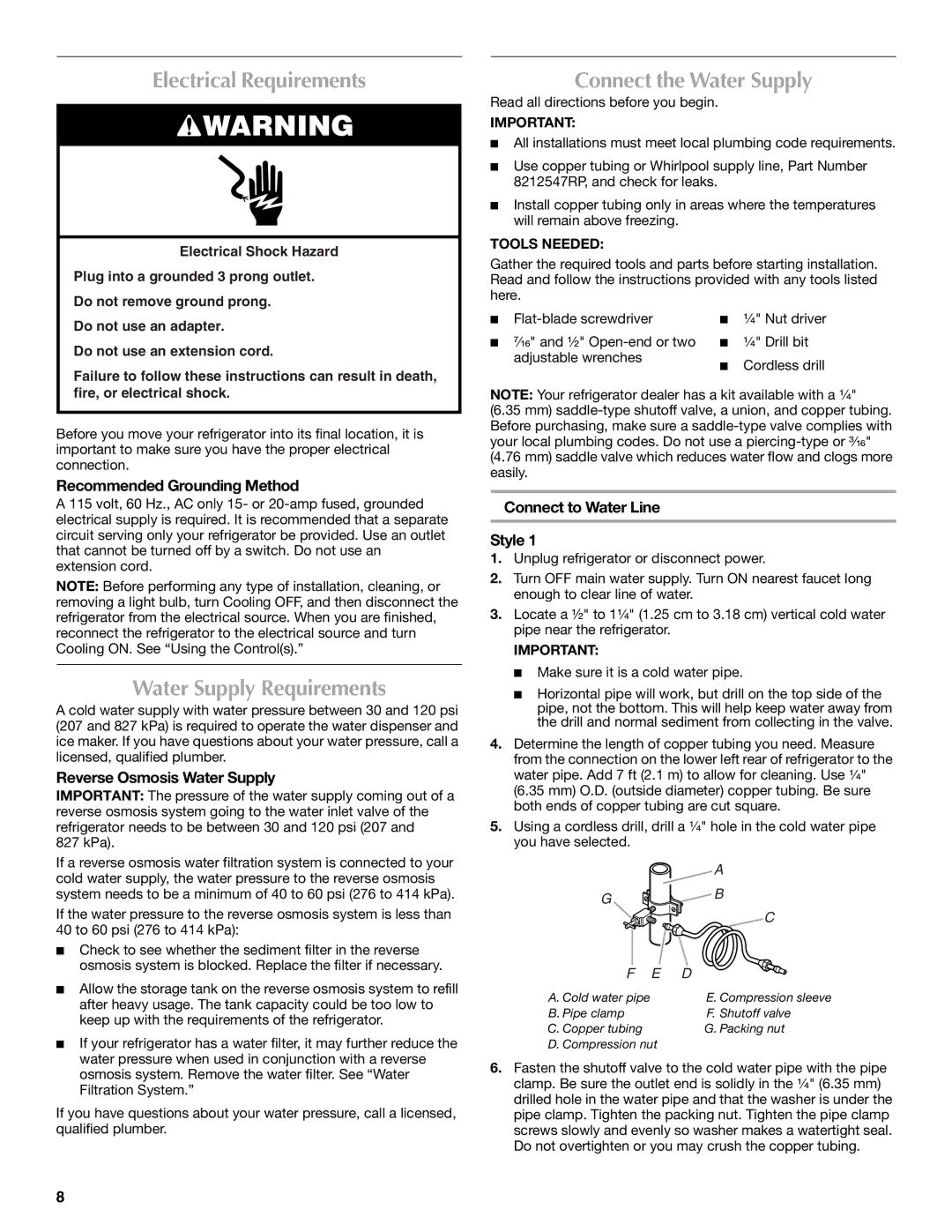 Maytag W10400978A installation instructions Electrical Requirements, Water Supply Requirements, Connect the Water Supply 