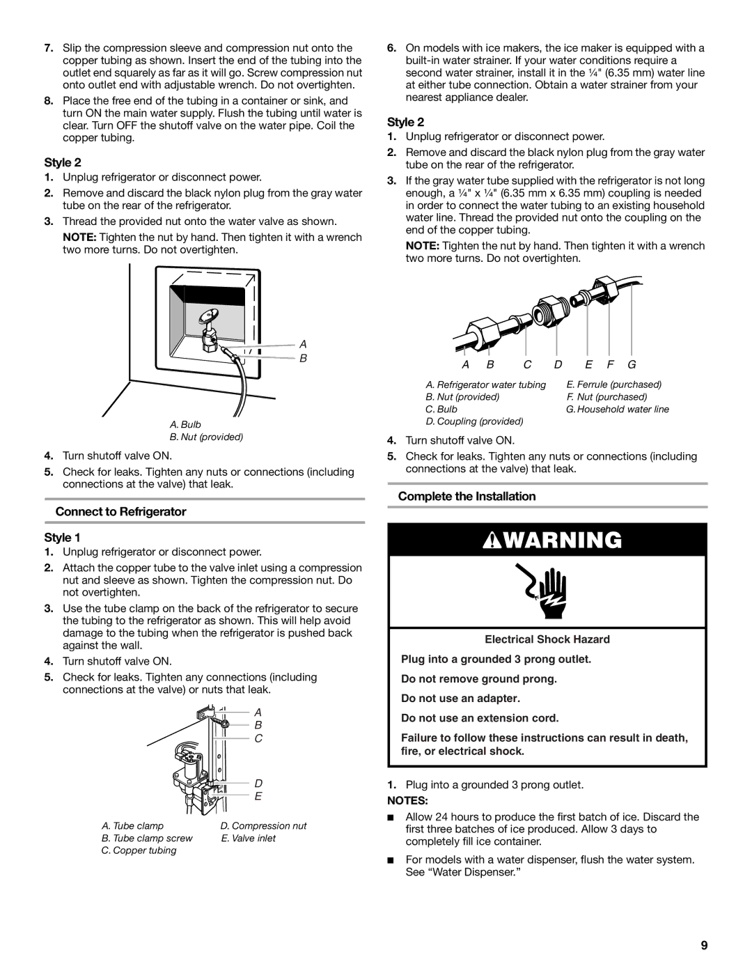 Maytag W10400978A installation instructions Connect to Refrigerator Style, Complete the Installation 