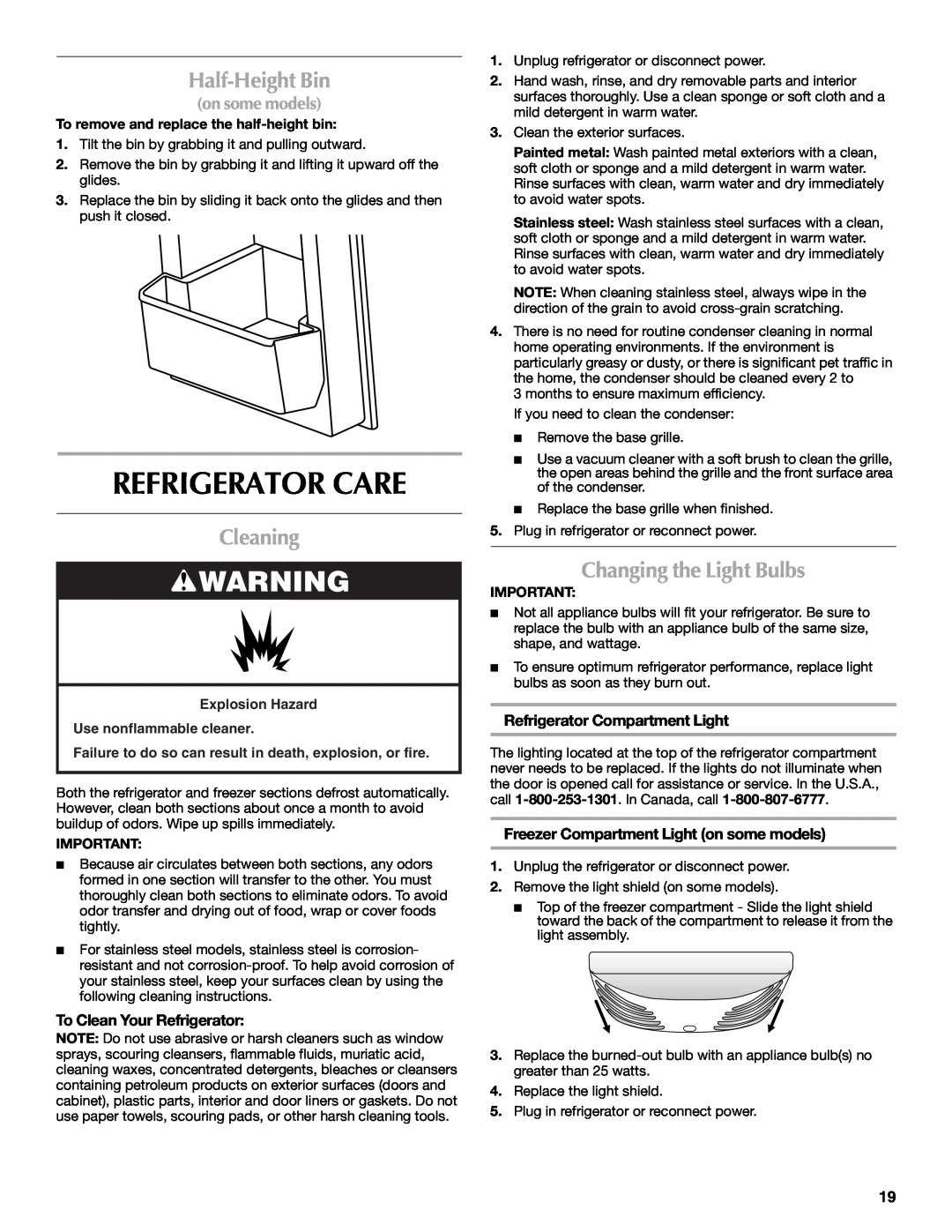 Maytag W10400978A Refrigerator Care, Half-Height Bin, Cleaning, Changing the Light Bulbs, To Clean Your Refrigerator 