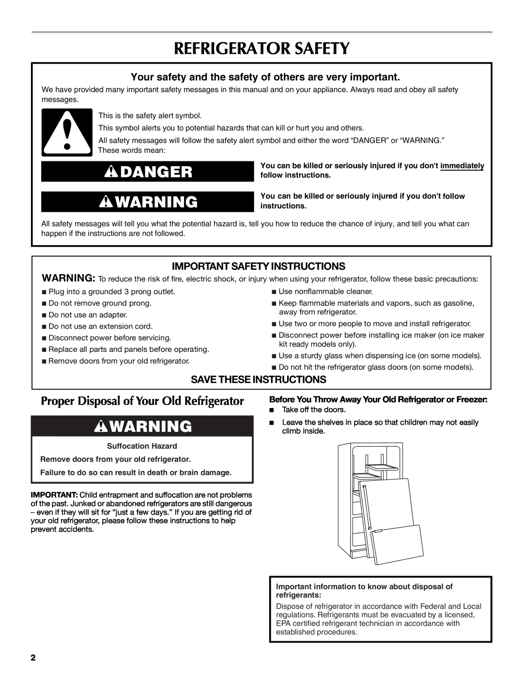 Maytag W10400978A Refrigerator Safety, Danger, Proper Disposal of Your Old Refrigerator, Important Safety Instructions 