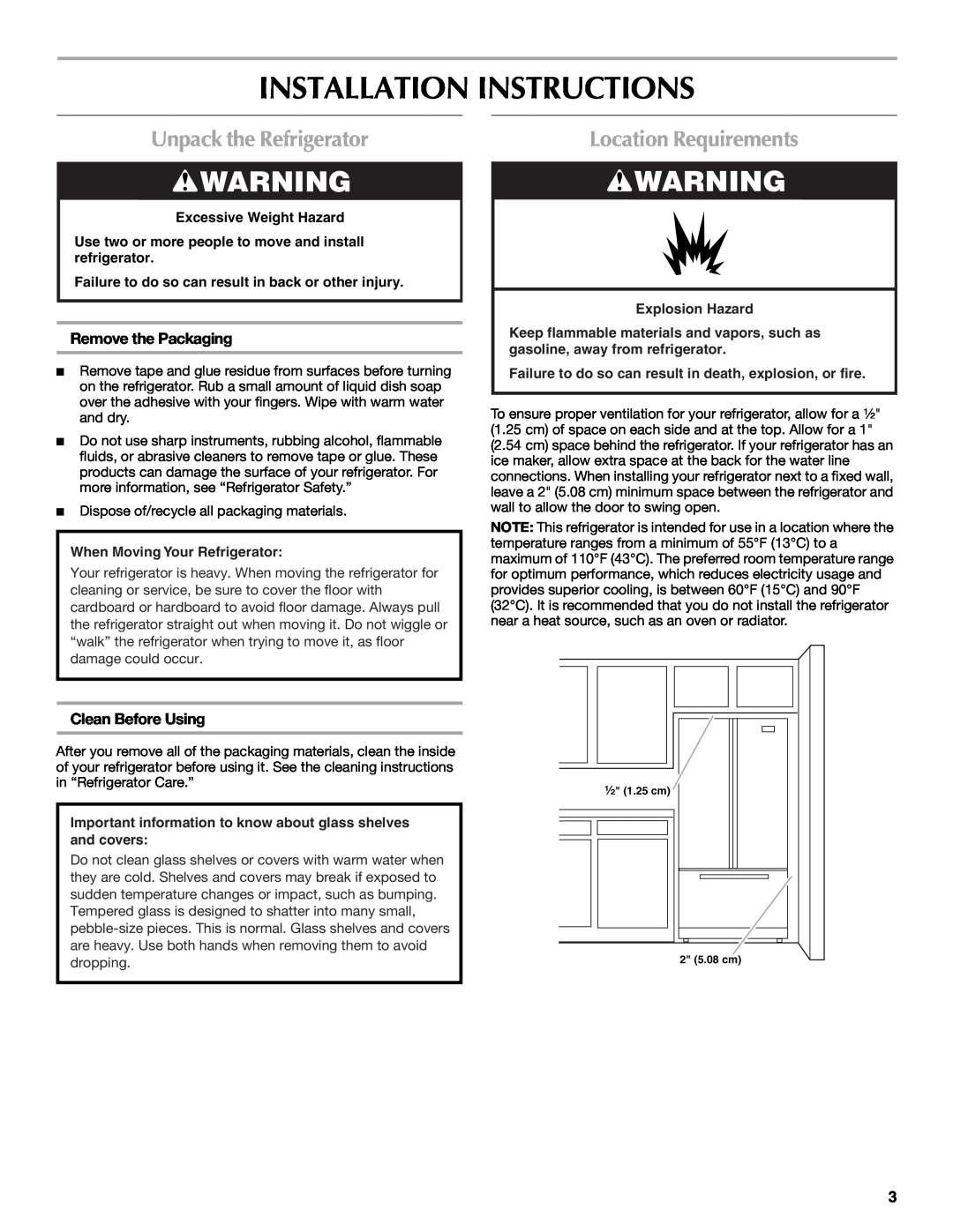 Maytag W10400978A Installation Instructions, Unpack the Refrigerator, Location Requirements, Remove the Packaging 