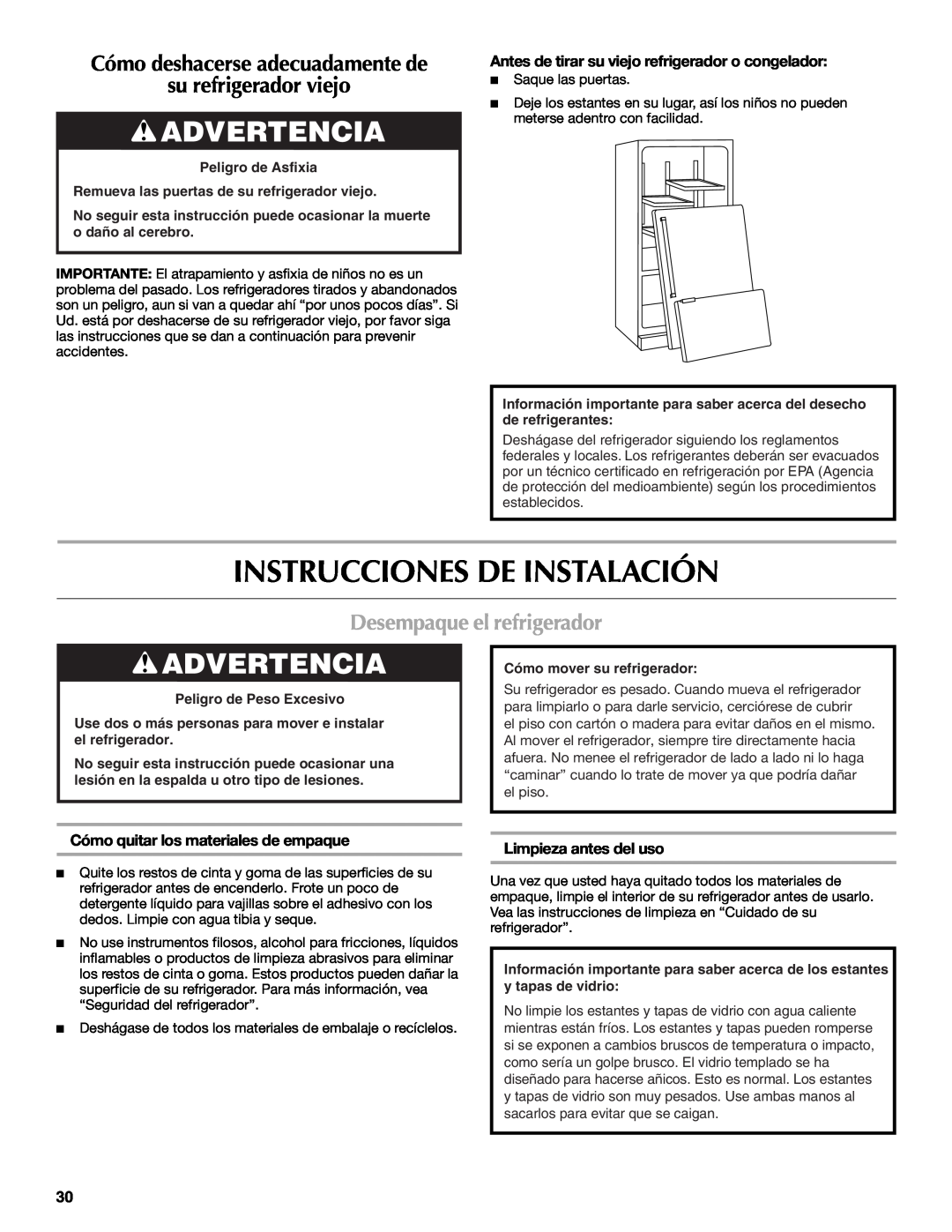 Maytag W10400978A Instrucciones De Instalación, Advertencia, su refrigerador viejo, Desempaque el refrigerador 