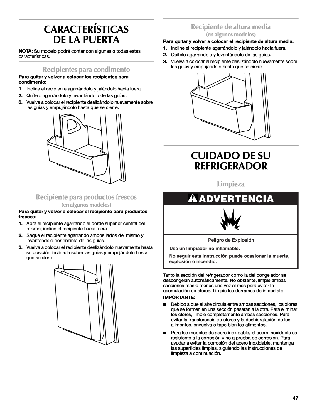 Maytag W10400978A Características De La Puerta, Cuidado De Su Refrigerador, Recipientes para condimento, Limpieza 