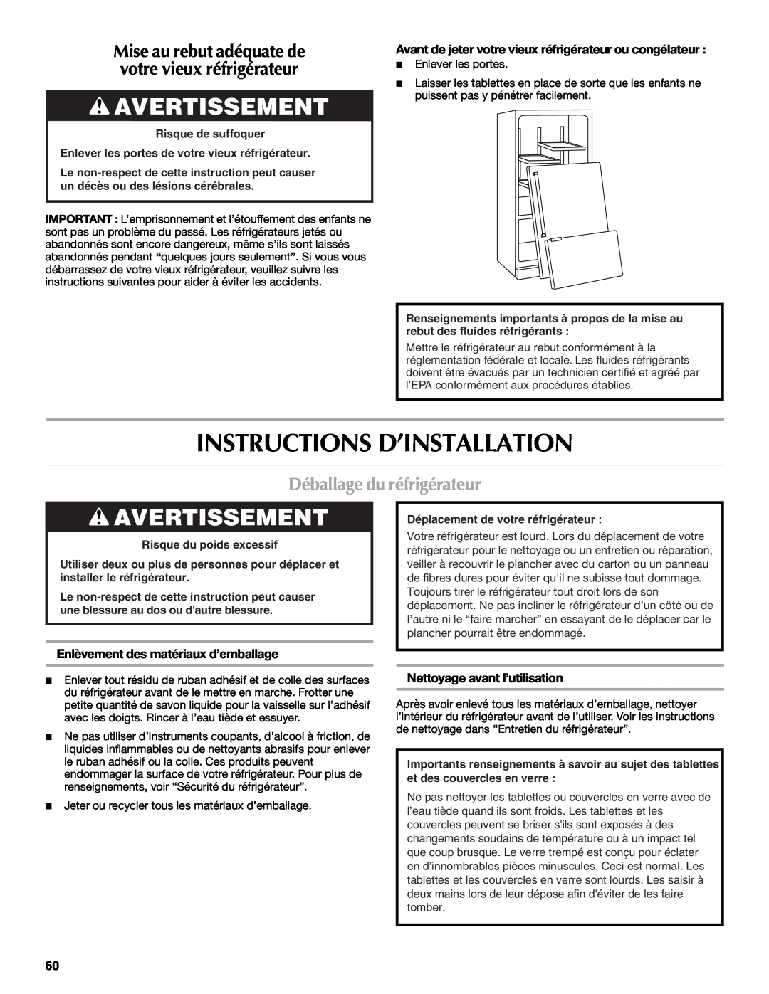 Maytag W10400978A Instructions D’Installation, Avertissement, Déballage du réfrigérateur, Nettoyage avant l’utilisation 