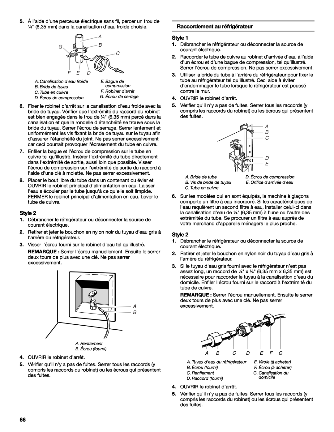 Maytag W10400978A installation instructions Raccordement au réfrigérateur Style, F E D, E F G 
