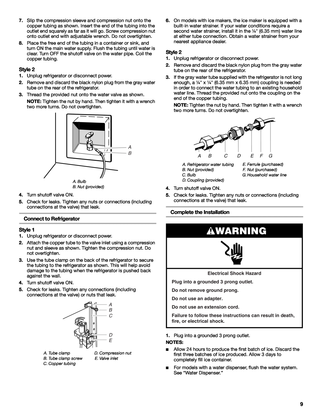 Maytag W10400978A Connect to Refrigerator Style, Complete the Installation, E F G, Do not use an extension cord 