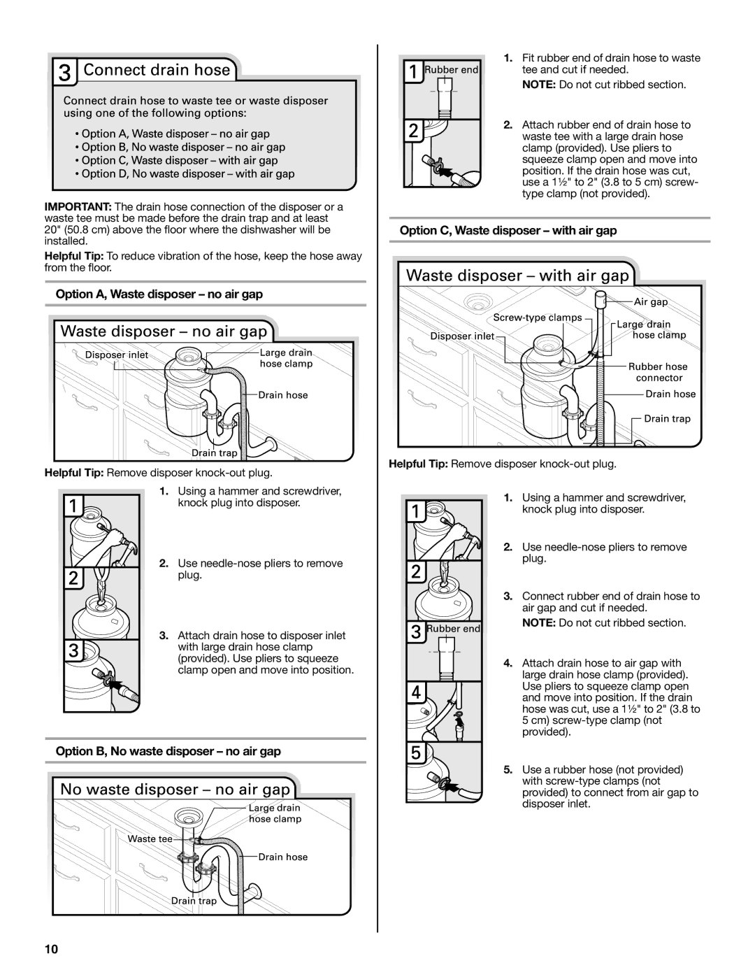 Maytag W10401504D installation instructions Option A, Waste disposer no air gap, Option B, No waste disposer no air gap 