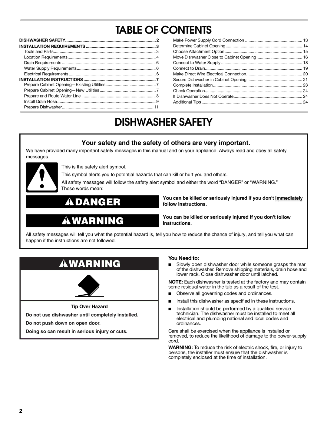 Maytag W10401504D installation instructions Table of Contents, Dishwasher Safety 